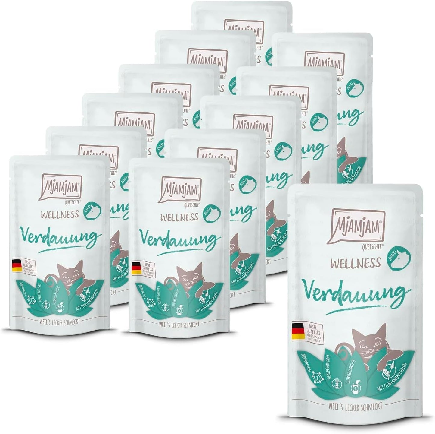 MjAMjAM - Premium våd kattefoder - Wellness - Fordøjelse - Oksekød, pakke med 12 (12 x 125 g), kornfri