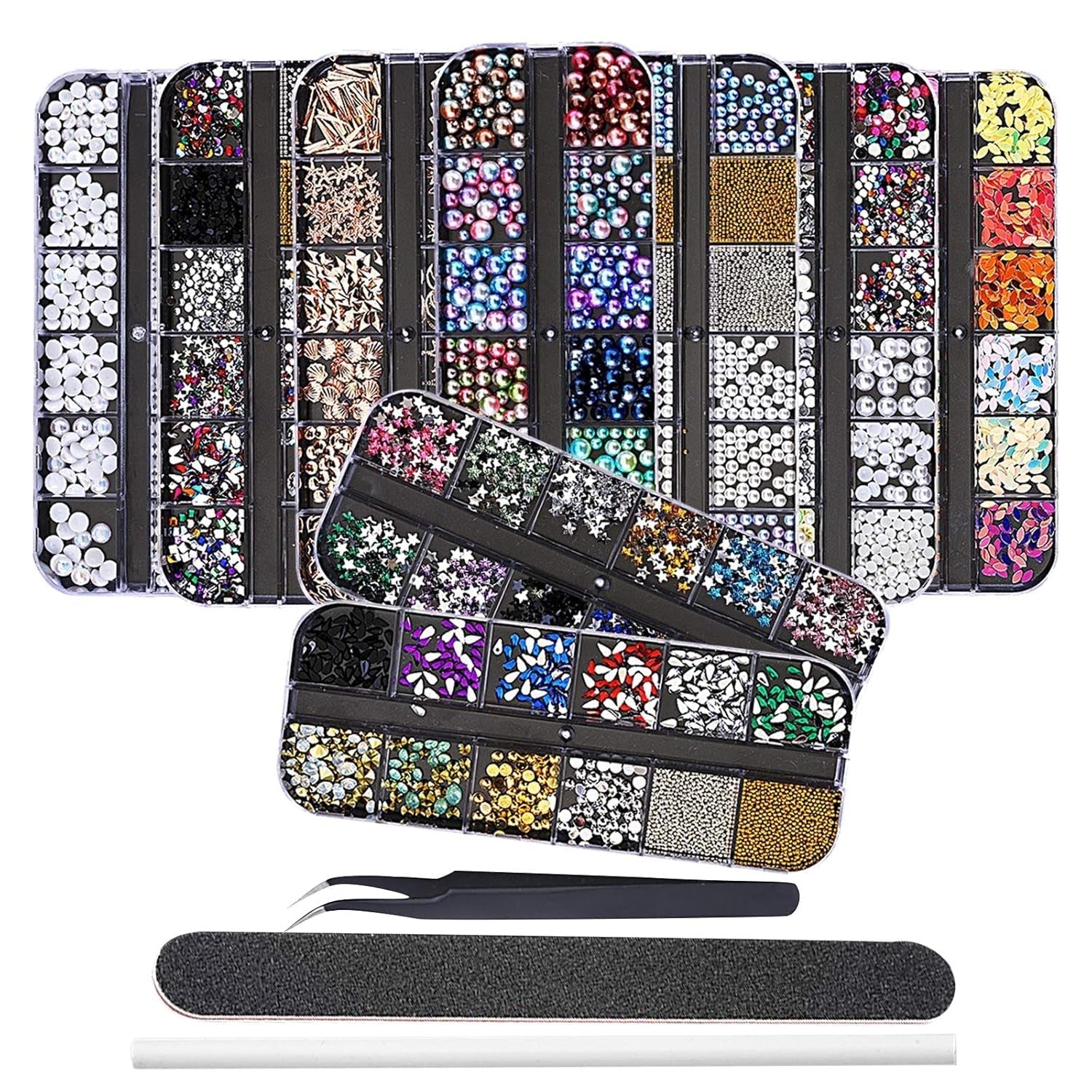EBANKU Nail Art Strass Kit Multi Design Zubehör Mit 1 Pinzetten 1 Stück Wachsstifte Deko Diamanten Kristalle Perlen Edelsteine ​​Bunt Pferdeaugen Strass Metal Nieten Für Nagel DIY (1 Stück (10Er Pack))