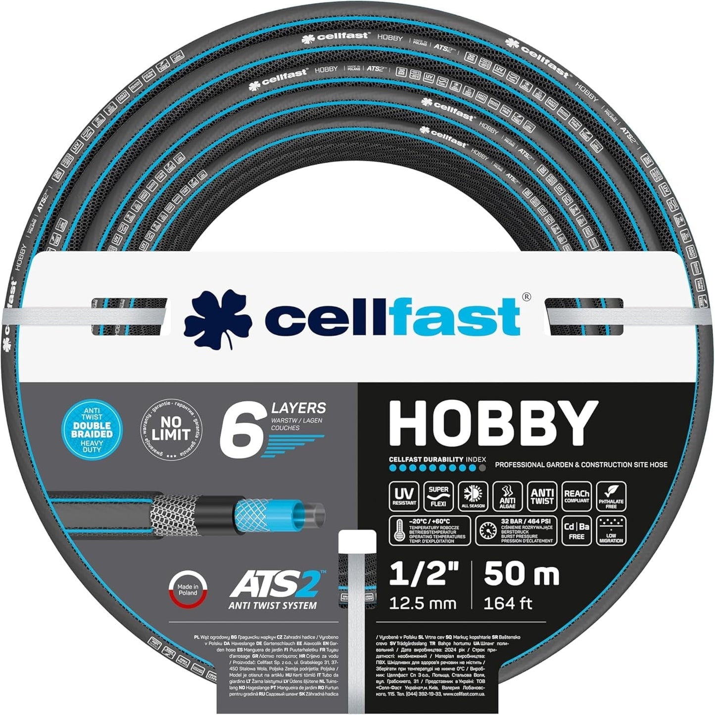 CELLFAST Haveslange 6-lags vandslange Dobbelt flettet stof vandingsslange UV-bestandig anti-alge fleksibel slange 32 bar 1 tommer 25 meter hobby