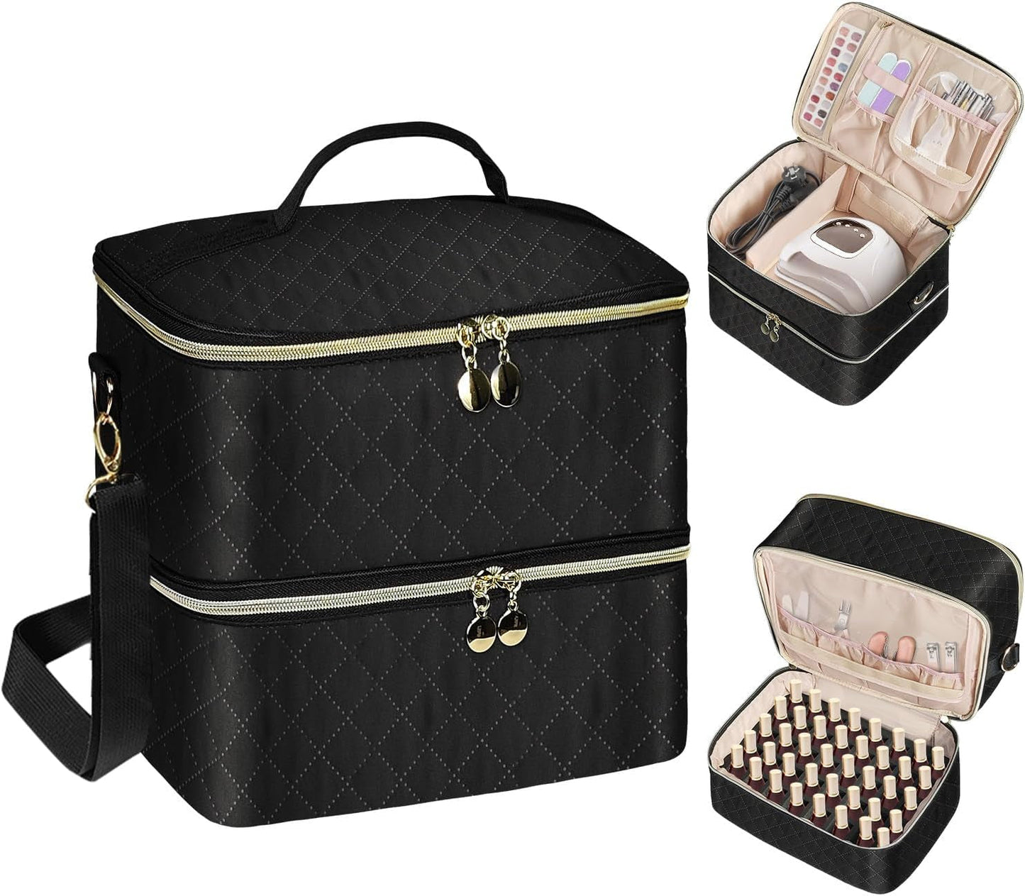 Nail Lacquer Organizer Tasche, Doppelschicht Nail Lacquer Opbevaringsboks, Organizer Koffer Für Nageldesign Kosmetiktasche Für 30 Flaschen Neonail Base(15Ml-0.5 Fl.Oz) & 1 Neglelampe(Schwarz)