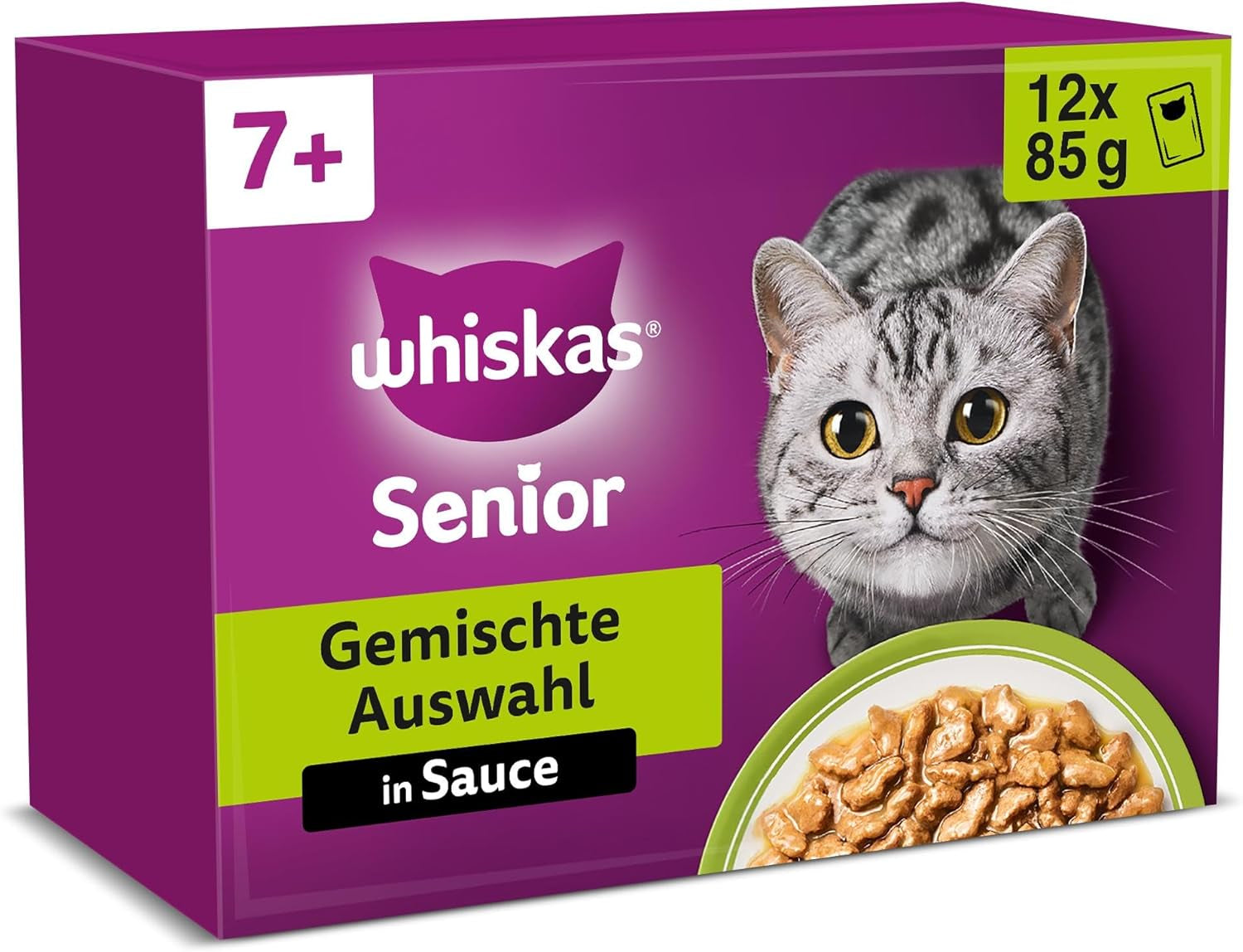 Whiskas Senior 7+ vådfoder blandet udvalg i sauce, 48 poser, 12x85 g (pakke med 4) - vådfoder af høj kvalitet til katte fra 7 år og derover