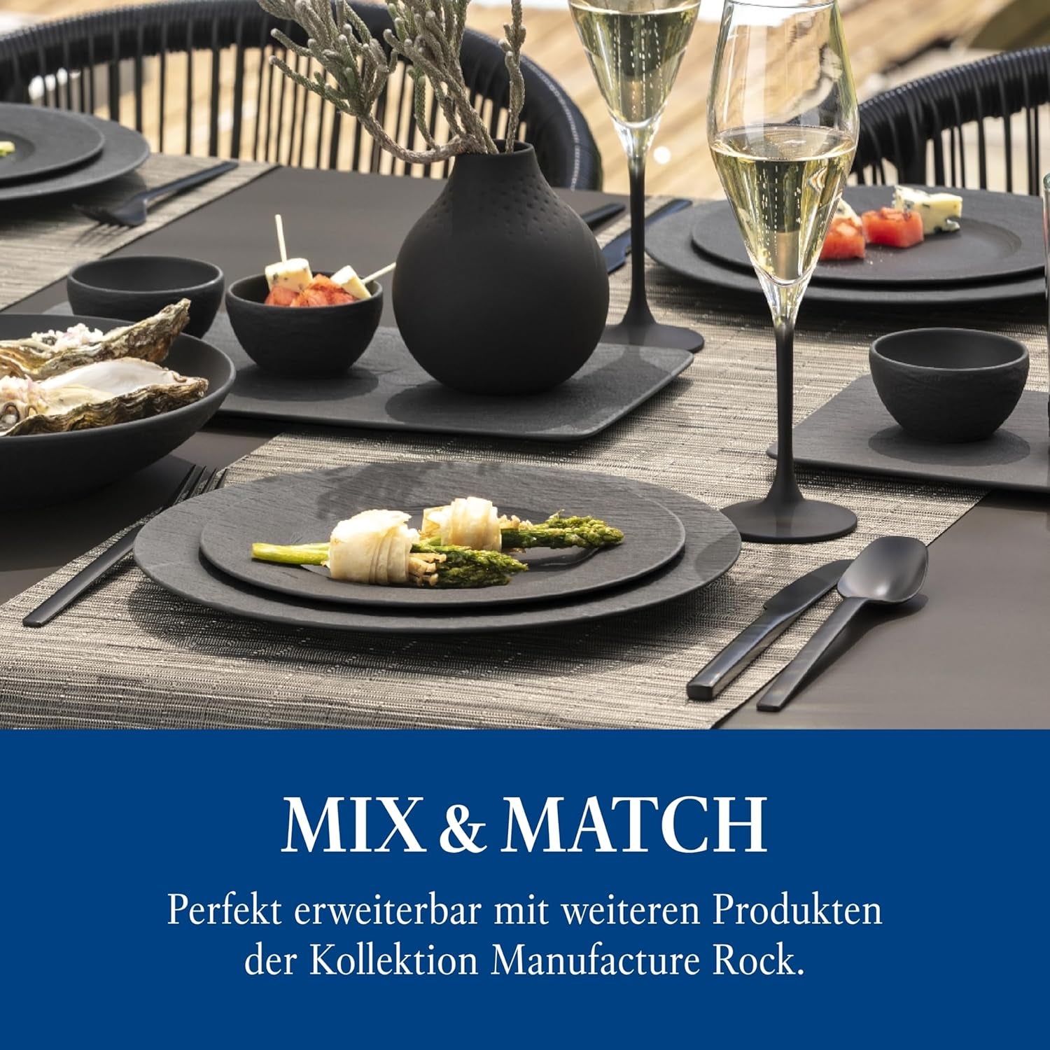 Villeroy & Boch Manufacture Rock Starter Sæt, 6 dele, sort, Tåler opvaskemaskine, Tåler mikrobølgeovn, Matsort Spisesæt, Spisestel, Bestik, Premium Porcelæn