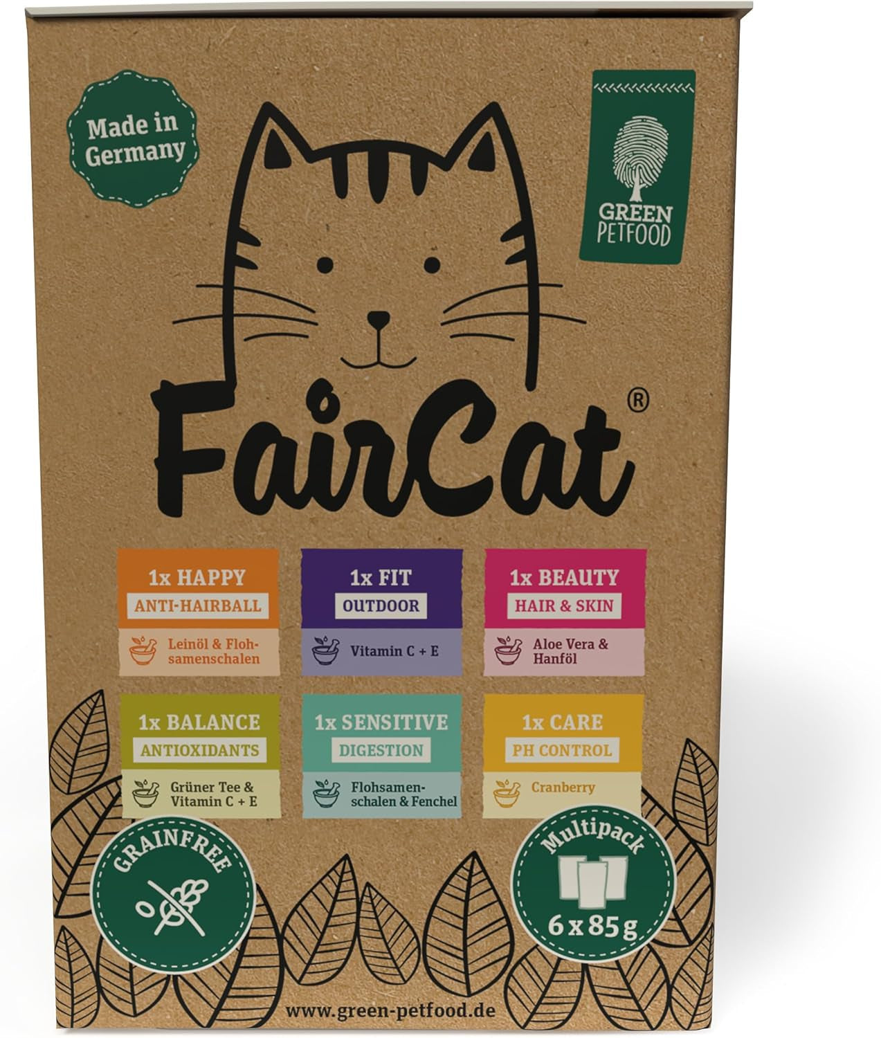 Green Petfood FairCat Multipack (6 x 85 g) | Voksen | Premium vådfoder til udvoksede katte 6 verschiedenen leckere Sorten im Multipack | getreidefrei | Katzenfutter nass | 6 pakke