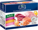 Dehner Premium våd kattefoder, multipakke, voksne katte, 4 stykker hver: lam / kalkun / laks, 12 poser x 100 g (1,2 kg)