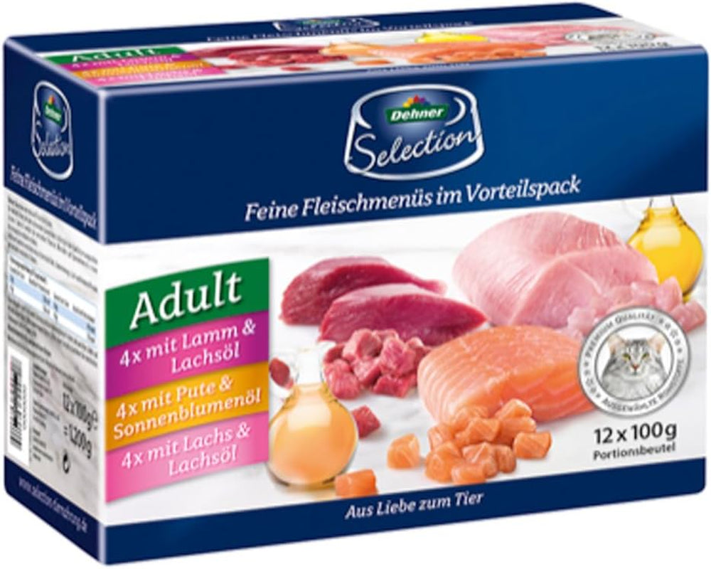 Dehner Premium våd kattefoder, multipakke, voksne katte, 4 stykker hver: lam / kalkun / laks, 12 poser x 100 g (1,2 kg)