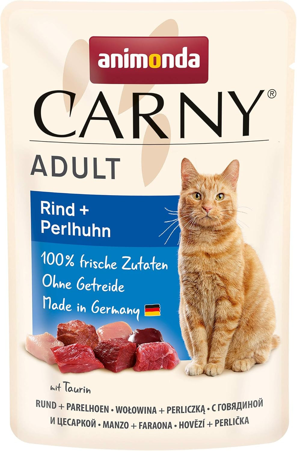 Animonda Carny Vådfoder til katte med okse- og perlehøns, 12 poser (12 x 85 g), kornfrit, sukkerfrit vådfoder med friske kødingredienser