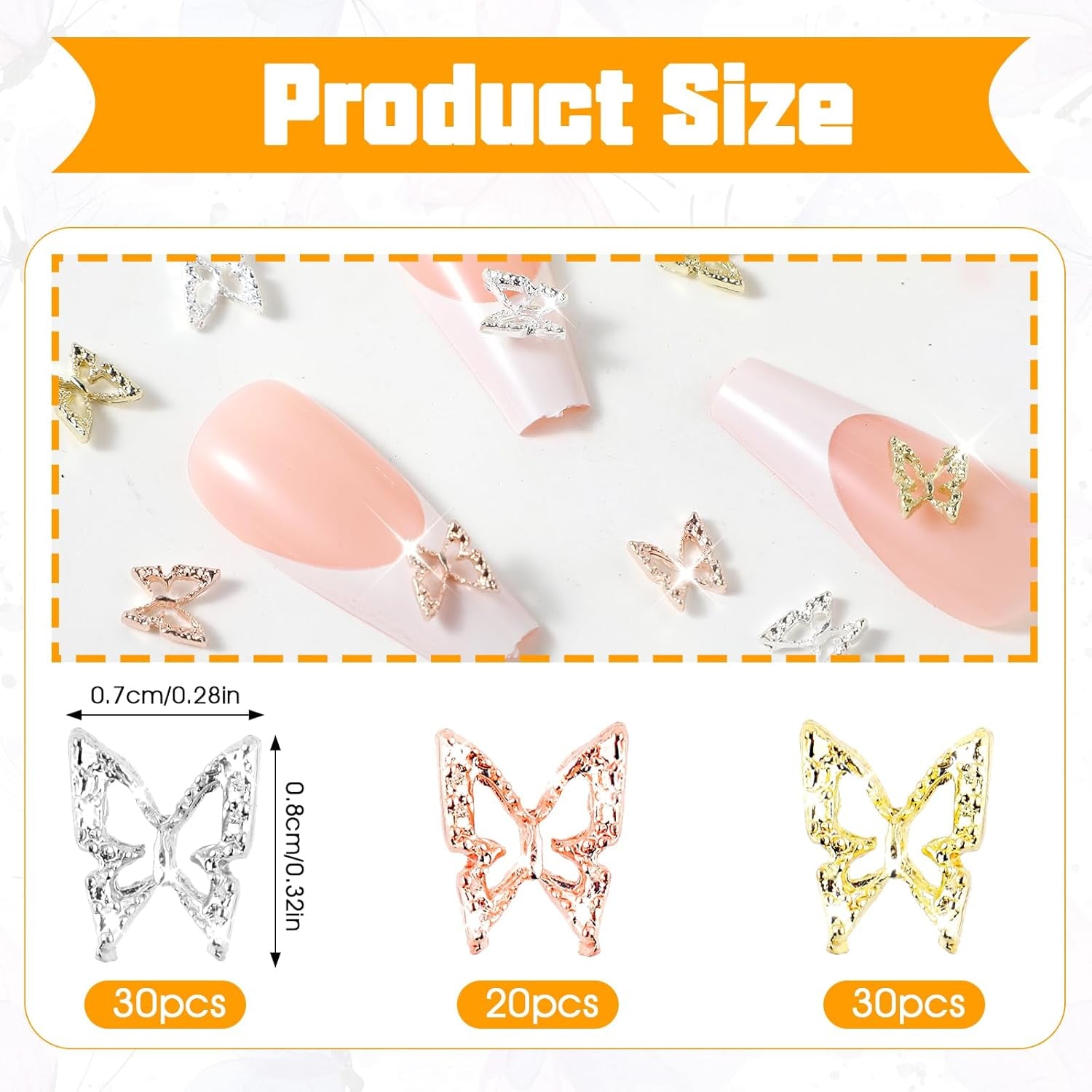 80 stk 3D Butterfly Nail Charms Legering Sommerfugl Guld Sølv Glitter Negle Art Decorations Negle Smykker Tilbehør DIY Manicure til kvinder