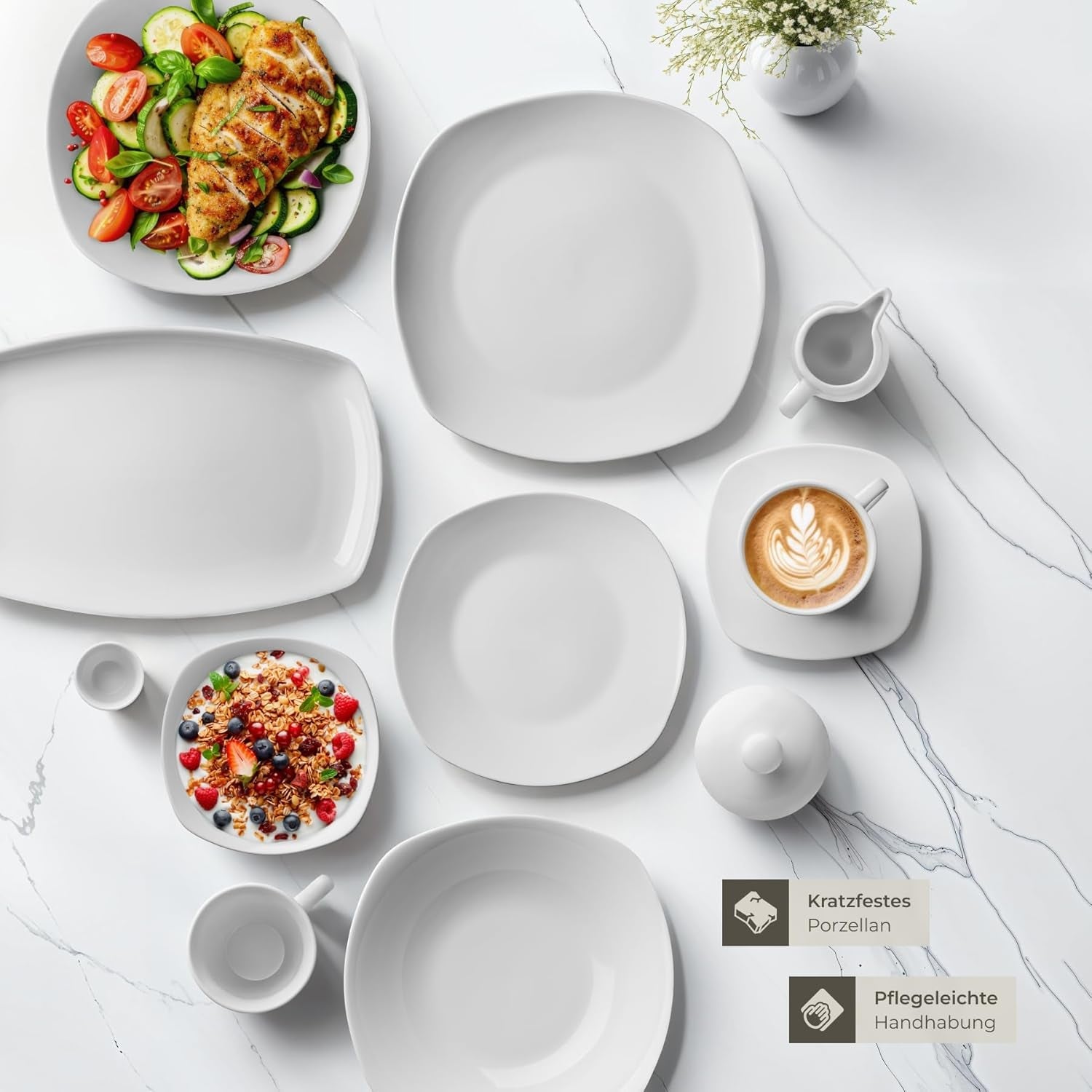 tectake® 12-personers spisestel, 100-delt porcelænsstel, inklusive 12 tallerkener, 12 desserttallerkener, 12 middagstallerkener, 12 kopper, 12 kornskåle, salatskål, mælkekande, sukkerskål