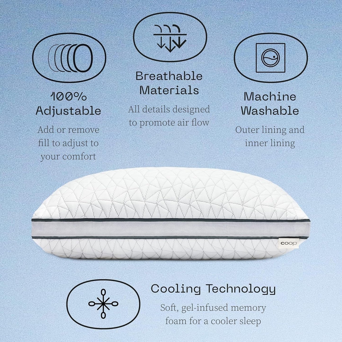 Coop Home Goods Eden Cool Justerbar Pude King Size Justerbar Gel Infunderet Memory Foam Blødt åndbart Lulltra stof Ideel til alle sovende Miljøvenlige Naty Shop Standard puder