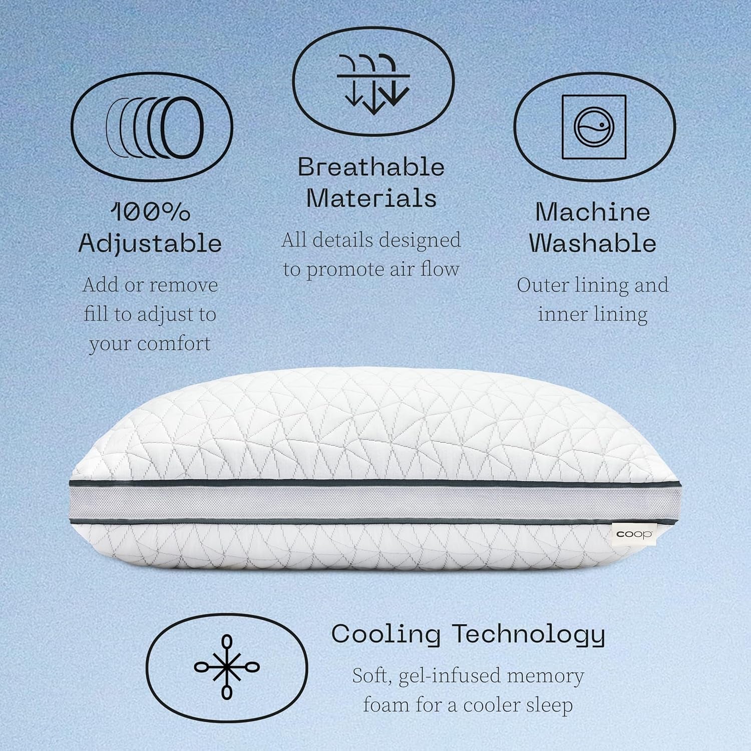 Coop Home Goods Eden Cool Justerbar Pude King Size Justerbar Gel Infunderet Memory Foam Blødt åndbart Lulltra stof Ideel til alle sovende Miljøvenlige Naty Shop Standard puder