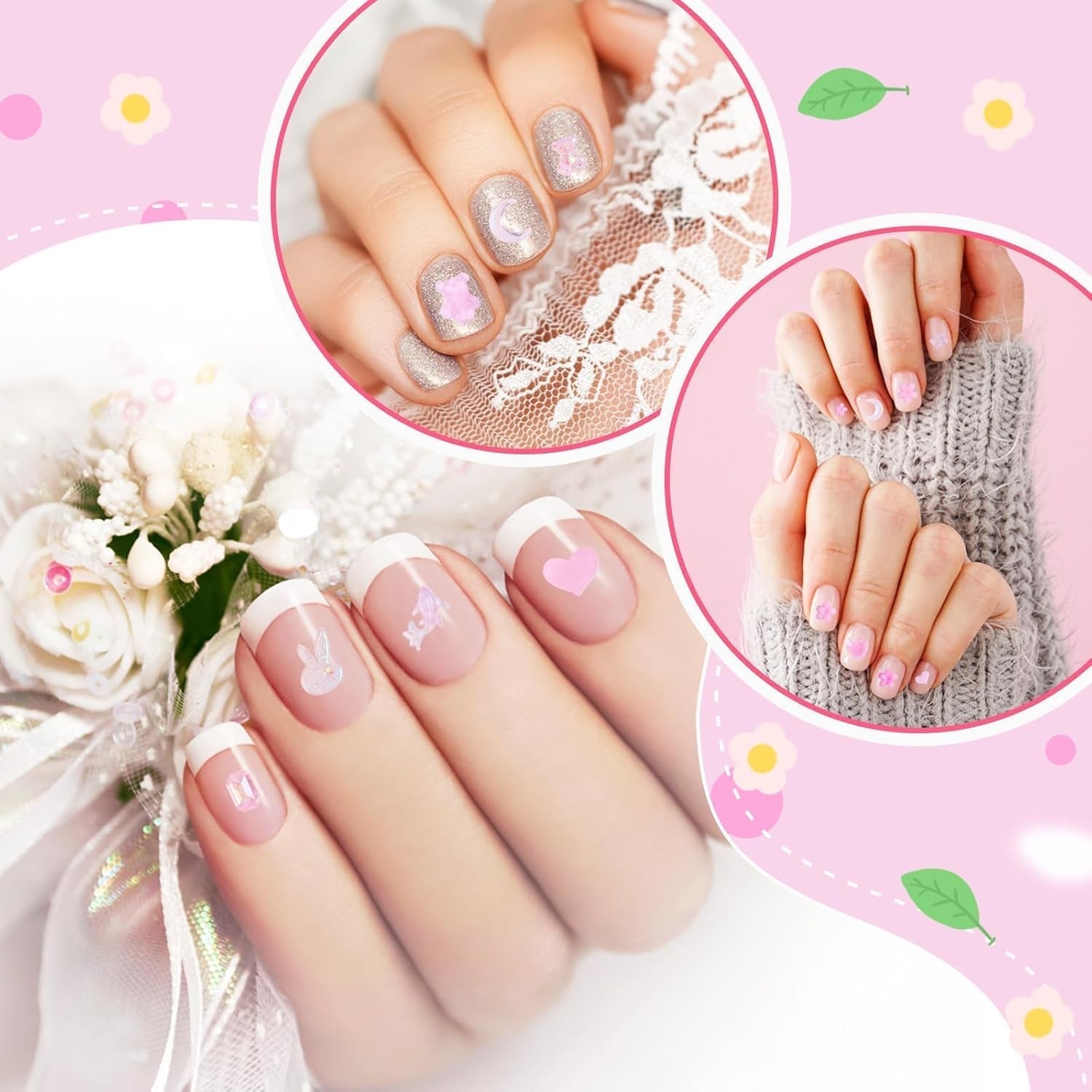 100 stk Sløjfe-nail Charms Y2K 3D-harpiks Camellia Flower Nail Charms Kawaii Rhinestones Negle Art-dekorationer, mønstre, gør-det-selv-håndværkstilbehør (Pink)
