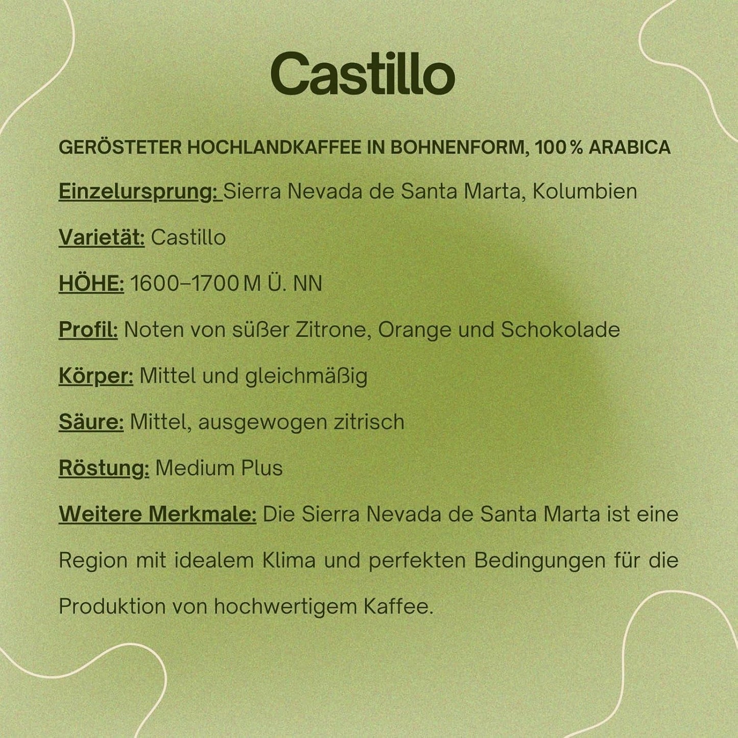 Spezialitätenkaffee Bohnen 100% Arabica Natural Mittlere Röstung Gewaschener Prozess Zitrus Schokolade Karamell Schattenanbau Sierra Nevada (250 g, Castillo)