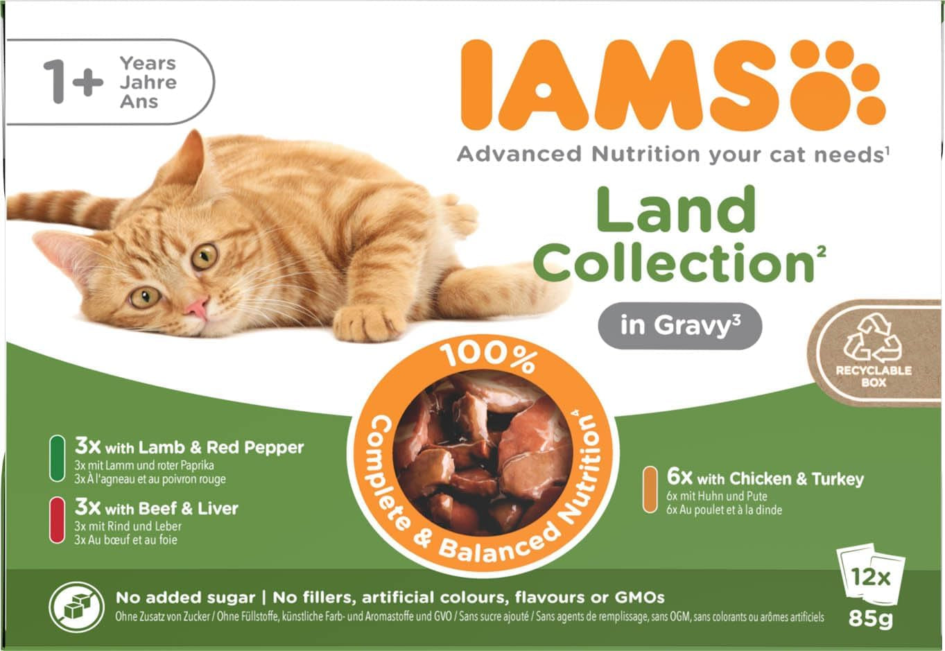 IAMS Delights Land Collection Vådfoder til katte - Multipak med kødvarianter (lam, oksekød, kylling og kalkun) i sauce, vådfoder til katte fra 1 år, 12 x 85g