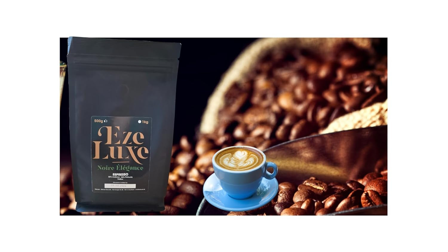 Kaffe Espresso Noire Elegance 500g – 50% Arabica og 50% Robusta fra Brasilien og Indien – mellemristet, kraftig og cremet med mørk chokolade – intensitet 8 – inkl. gratis espressomaskine