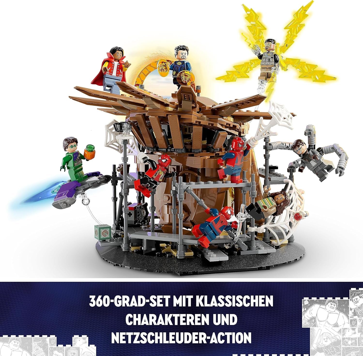 LEGO 76261 Marvel Spider-Man's Big Showdown, Spider-Man: No Way Home sæt med 3 minifigurer Peter Parker plus Green Goblin, Electro, Sandman, Ned, Doctor Strange og MJ, samlermodel Byggesæt Besuche den LEGO-Store
