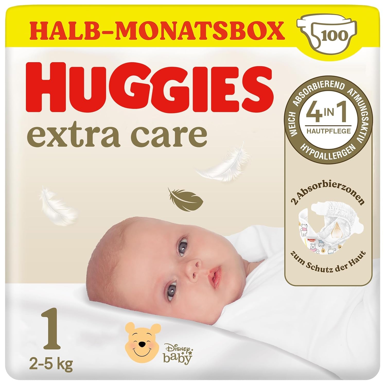 Huggies Newborn bleer, størrelse 1, 100 bleer (2 x 50), halvmåneders æske