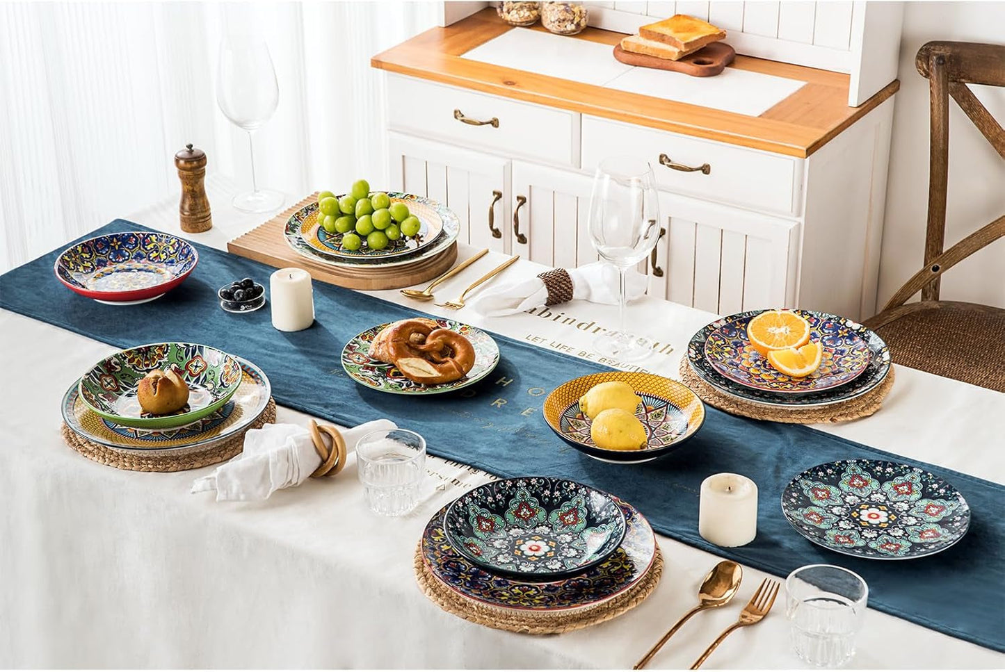 HENXFEN BLY Porcelænsservisesæt, 12-delt porcelænsstel til 4, farverigt porcelænsstel til 4 - Håndmalede tallerkener, Desserttallerkener, Suppetallerken - Bohemian Style