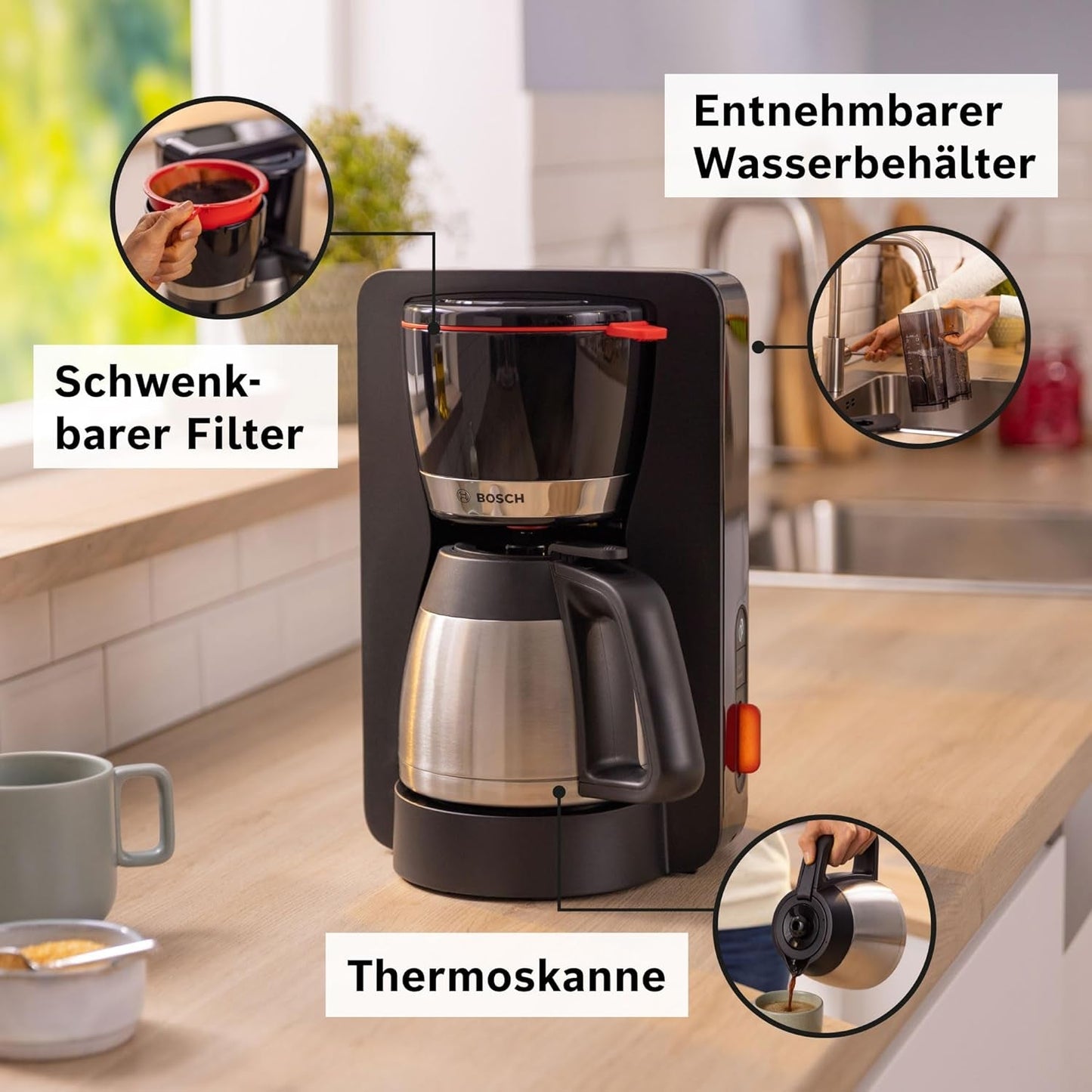 Bosch MyMoment TKA6M273 Filter Espressomaskine, 1L termokande, 8-12 kopper, Anti-drypsystem, Roterende filterholder, Afkalkningsprogram, Aftagelig vandtank, 1200 Watt, Mat Sort
