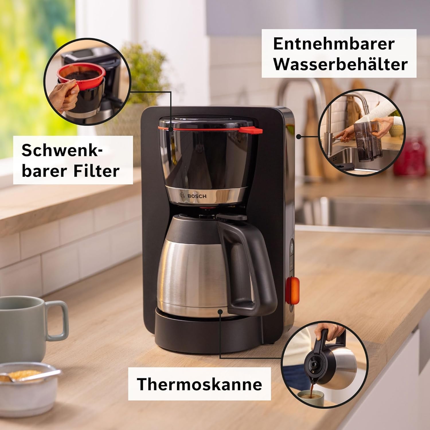 Bosch MyMoment TKA6M273 Filter Espressomaskine, 1L termokande, 8-12 kopper, Anti-drypsystem, Roterende filterholder, Afkalkningsprogram, Aftagelig vandtank, 1200 Watt, Mat Sort