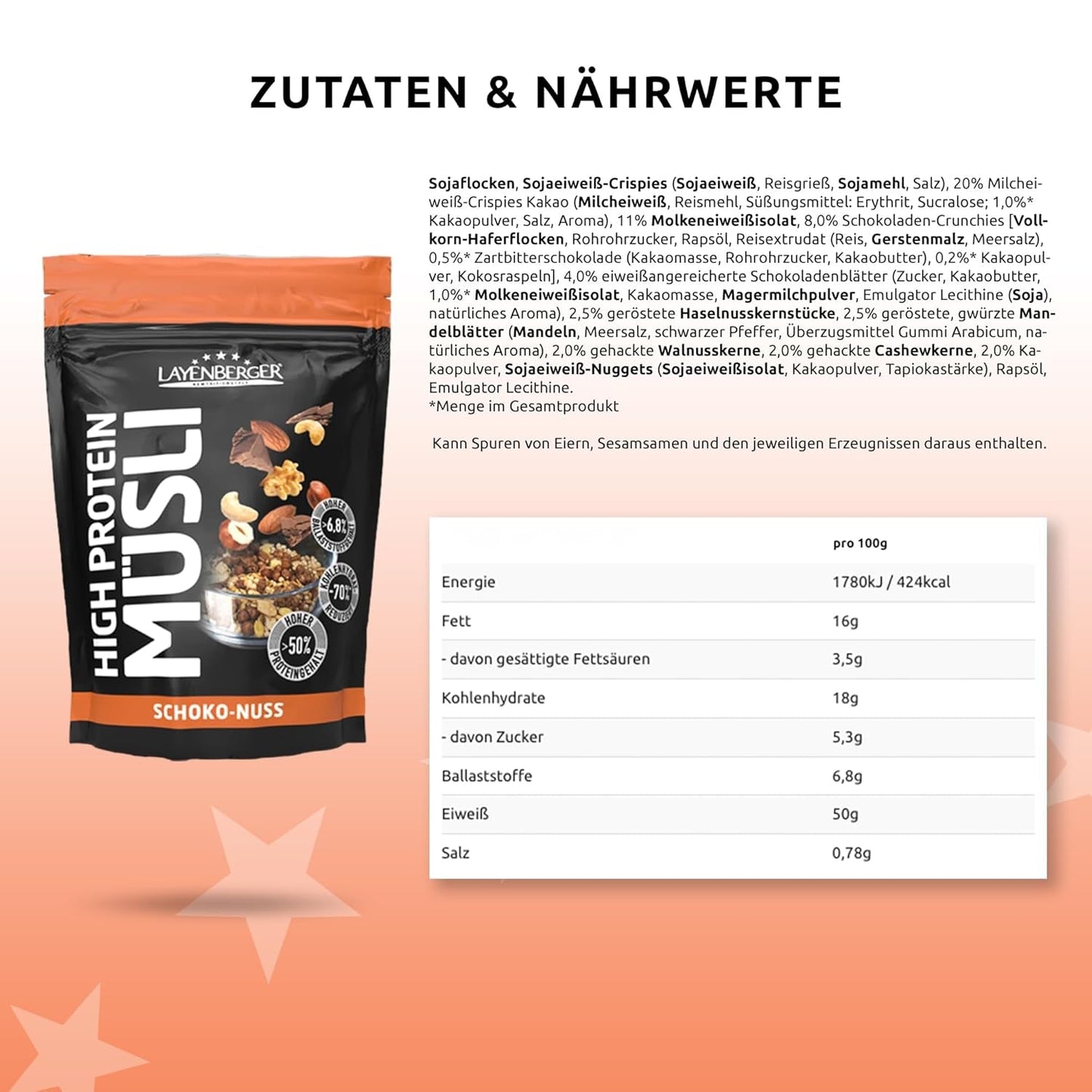 Layenberger 3K højproteinmüsli, 50% Eiweiß og 18% Kohlenhydrat - Enkeltpakke (1X 390 G) - Schoko-Nuss Cereale Naty Shop