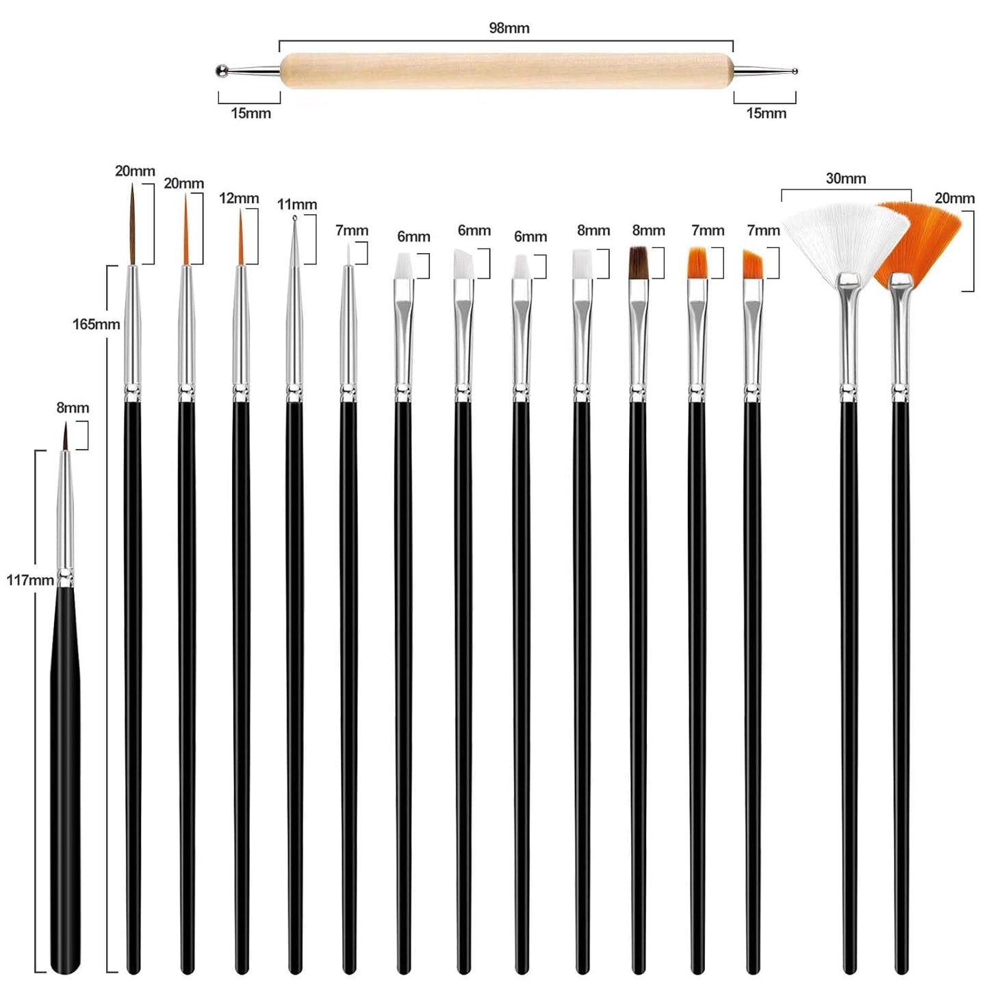 Hanyousheng 20 Stück Nagel Pinsel Sæt, 15 Stück Nageldesign Pinsel, 5 Stück Nail Art Dotting Tools Für DIY Nail Art Design
