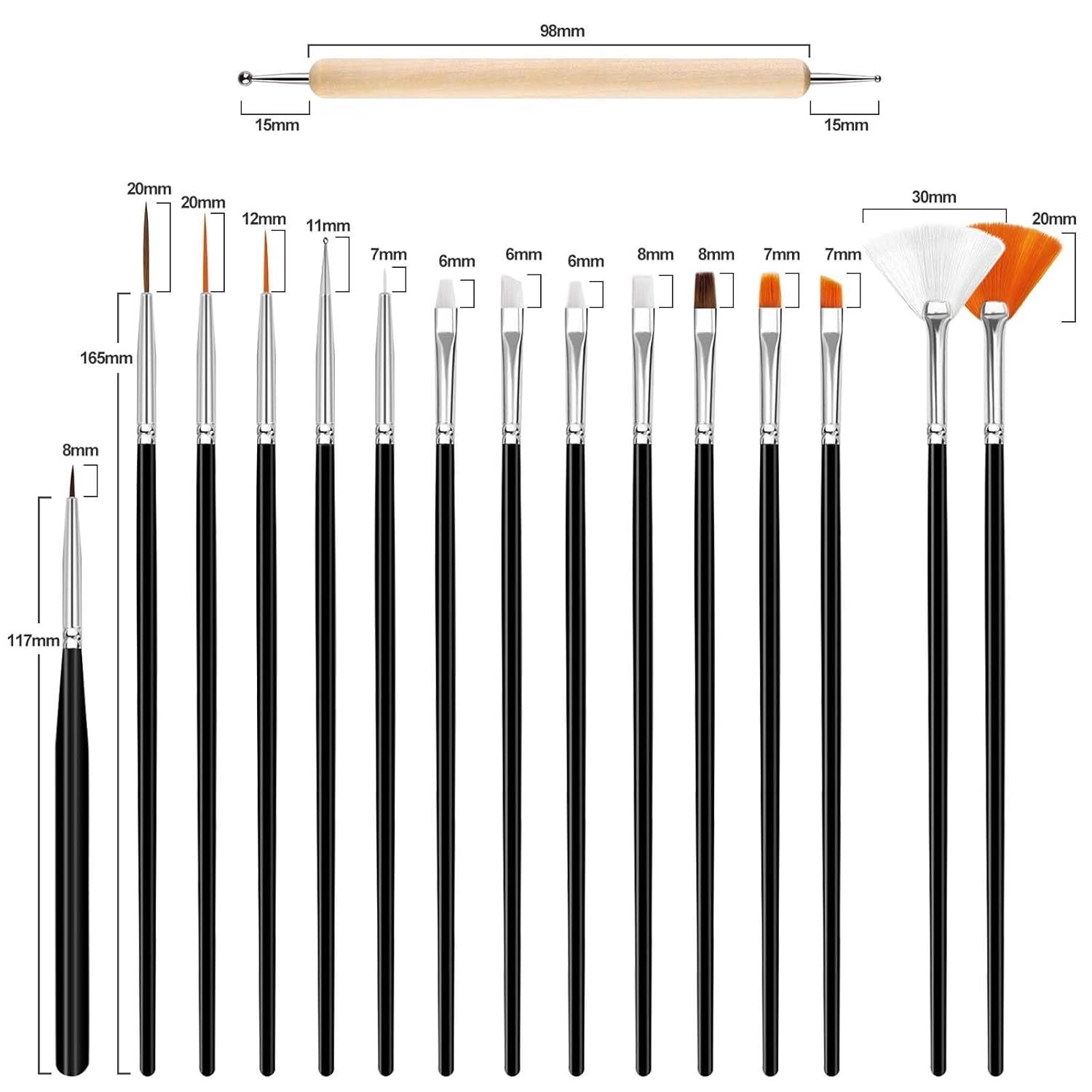 Hanyousheng 20 Stück Nagel Pinsel Sæt, 15 Stück Nageldesign Pinsel, 5 Stück Nail Art Dotting Tools Für DIY Nail Art Design