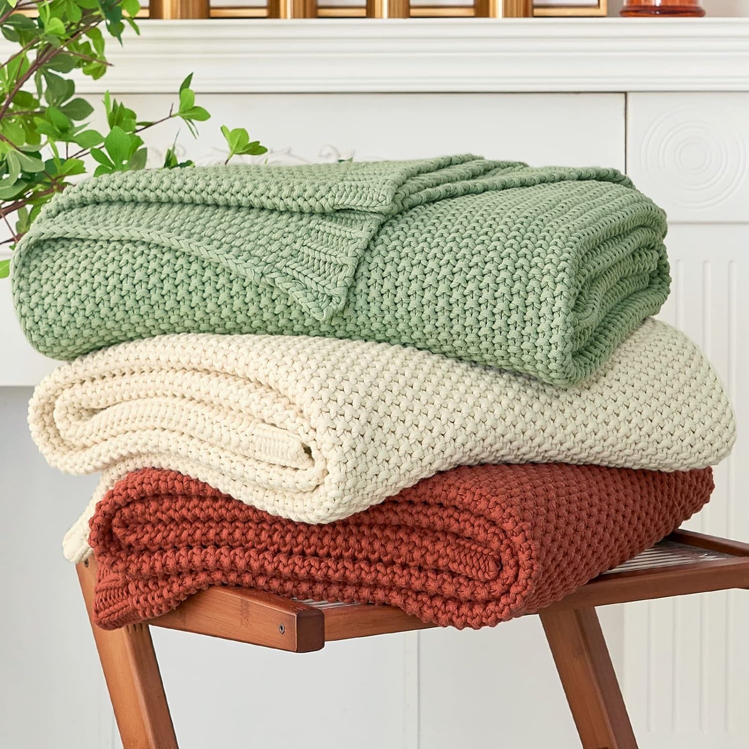 Chunky strik tæppe, Letvægts, Beige, 100% økologisk bomuld, Tæppe til sofa, sofa, seng, barn, børneværelse, Rustik, Shabby chic, Moderne bondehus, 152,4 X 203,2 cm, Inklusiv vaskepose Senge og tæpper Longhui sengetøj Rust 51"X63"
