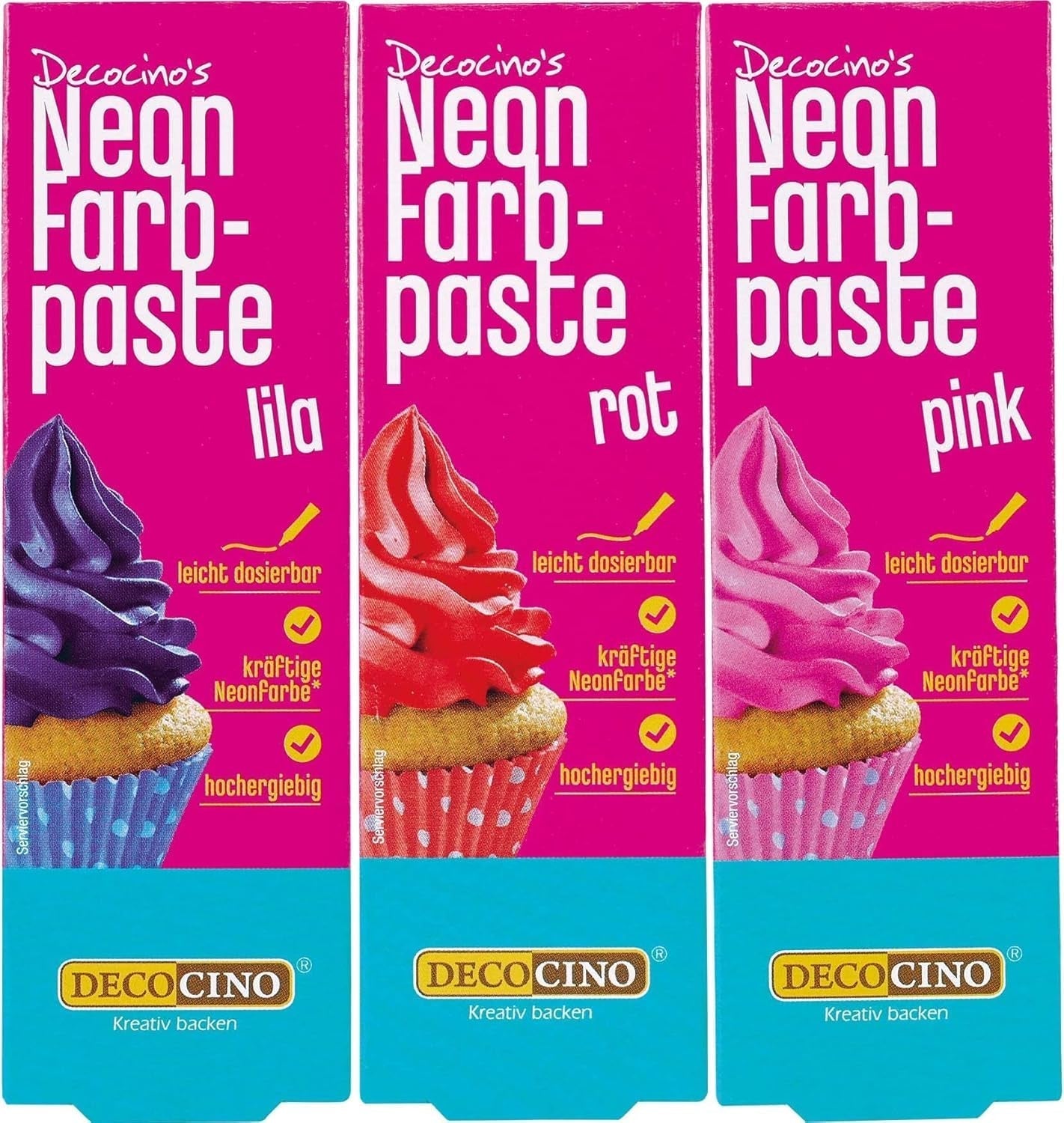 Decocino Neon madfarvesæt - 3 stykker - rød, lyserød, lilla - højdosis madfarve - til farvning af kager, muffins, cupcakes - smagsfri