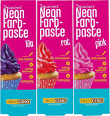 Decocino Neon madfarvesæt - 3 stykker - rød, lyserød, lilla - højdosis madfarve - til farvning af kager, muffins, cupcakes - smagsfri