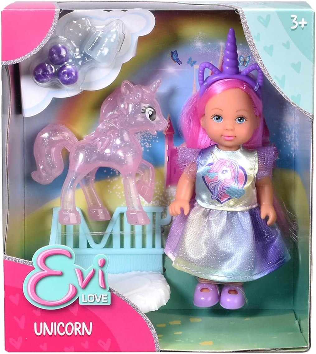 Simba Evi Love Unicorn Play Doll iført en sød enhjørningskjole med matchende pandebånd, inklusive en enhjørning med stald, æbler og en drikkedunk, 12 cm, i alderen 3+