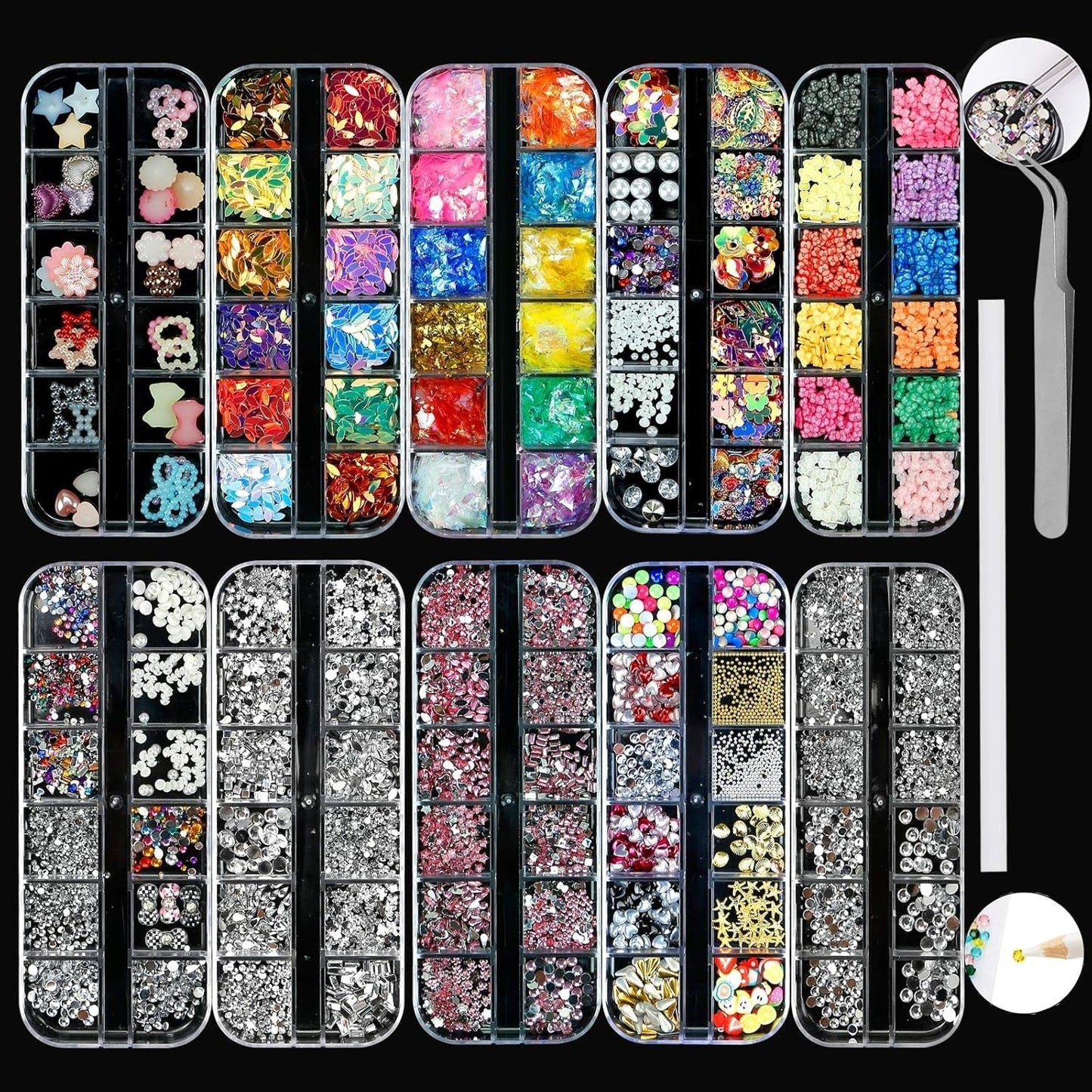 10 æsker til negle-rhinestones-sæt, multifunktionelt tilbehør med 1 pincet, dekorative diamanter, krystaller, perler, ædelstene, farverige, blandede, hesteøjne, metalliske sten, til DIY-neglekunstdekorationer