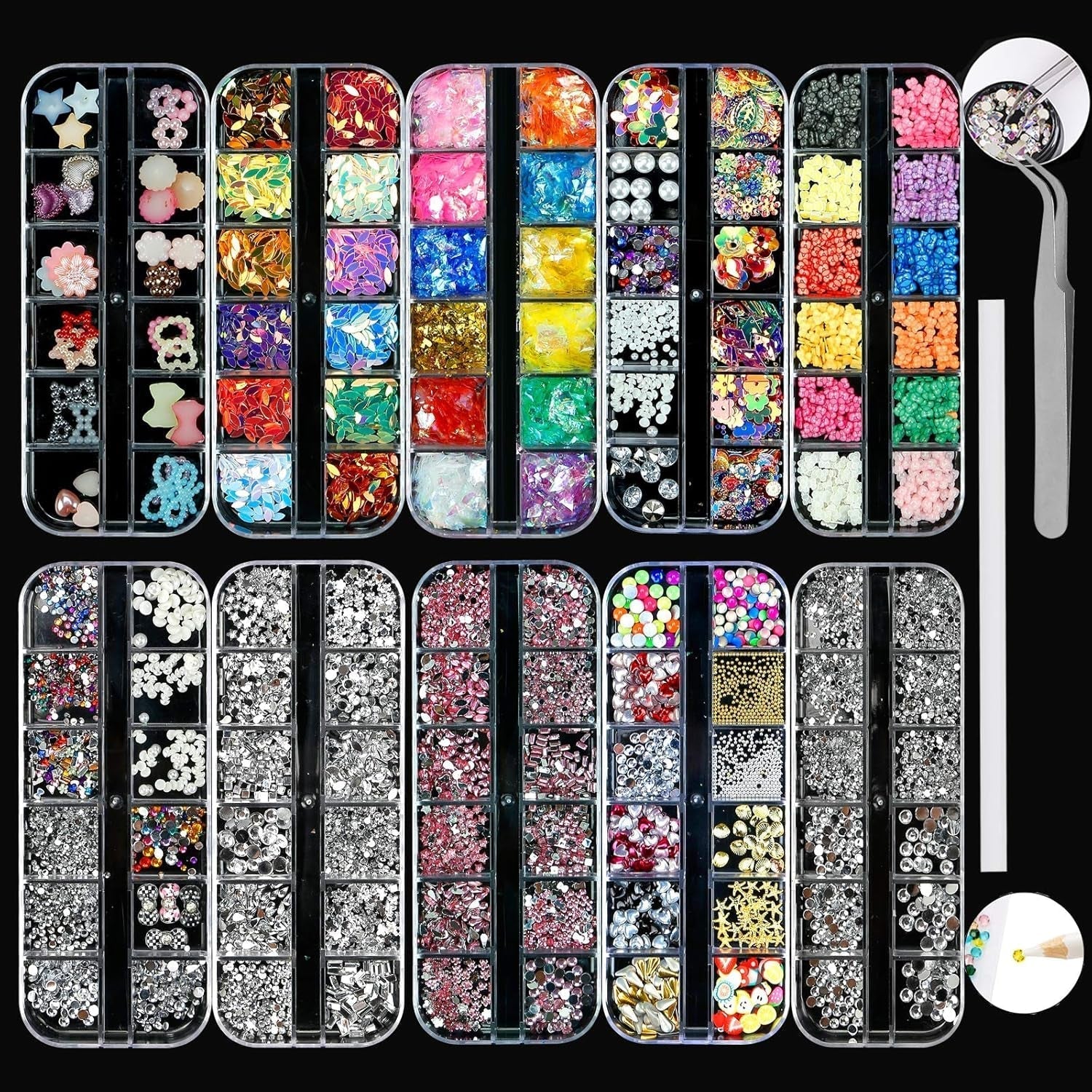 10 æsker til negle-rhinestones-sæt, multifunktionelt tilbehør med 1 pincet, dekorative diamanter, krystaller, perler, ædelstene, farverige, blandede, hesteøjne, metalliske sten, til DIY-neglekunstdekorationer