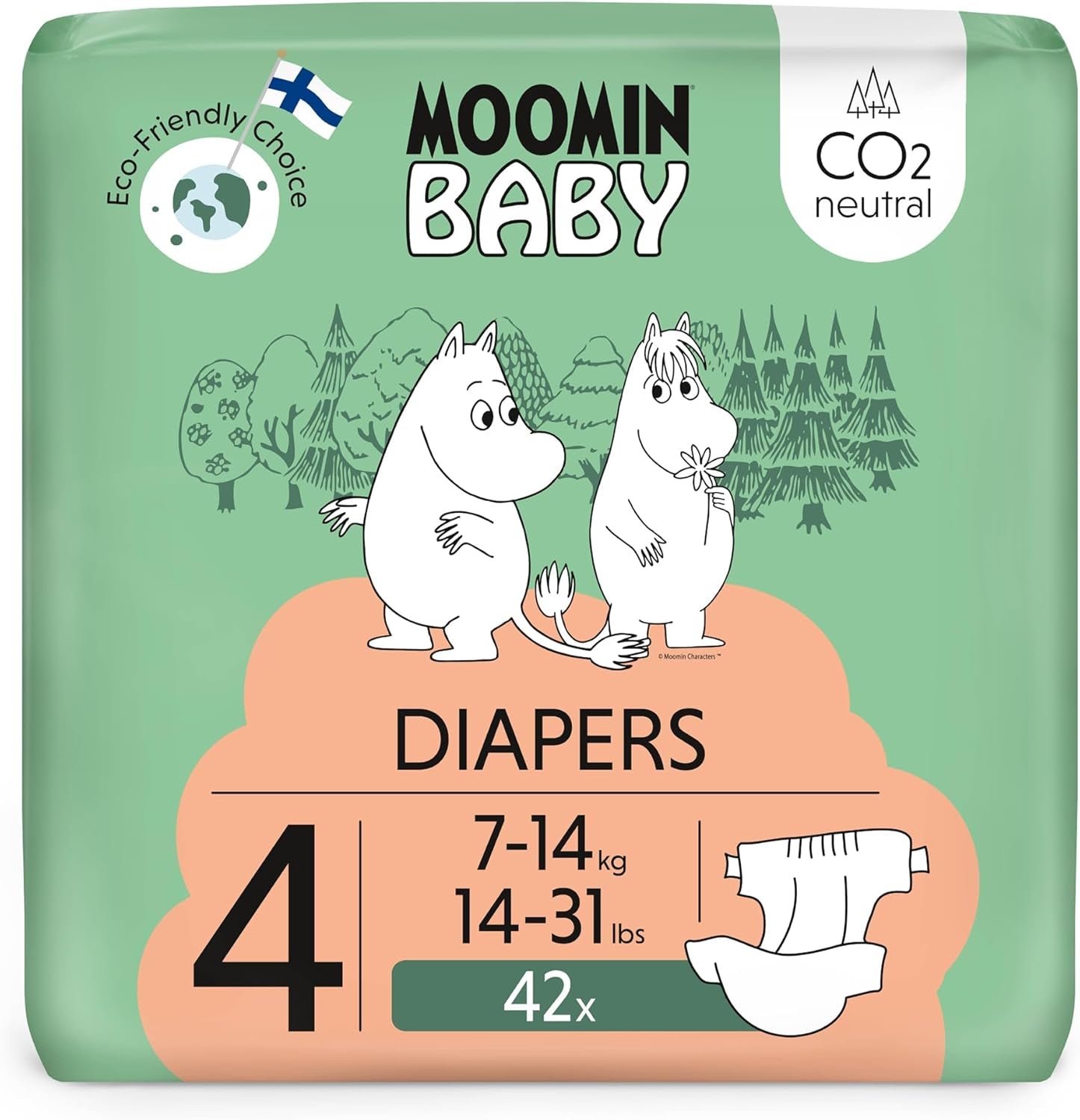 Moomin Baby Eco bleer, str. 3, 5-8 kg, 48 stykker, Premium bløde bleer | Blød og hudvenlig, åndbar, absorberende, ingen unødvendige kemikalier |