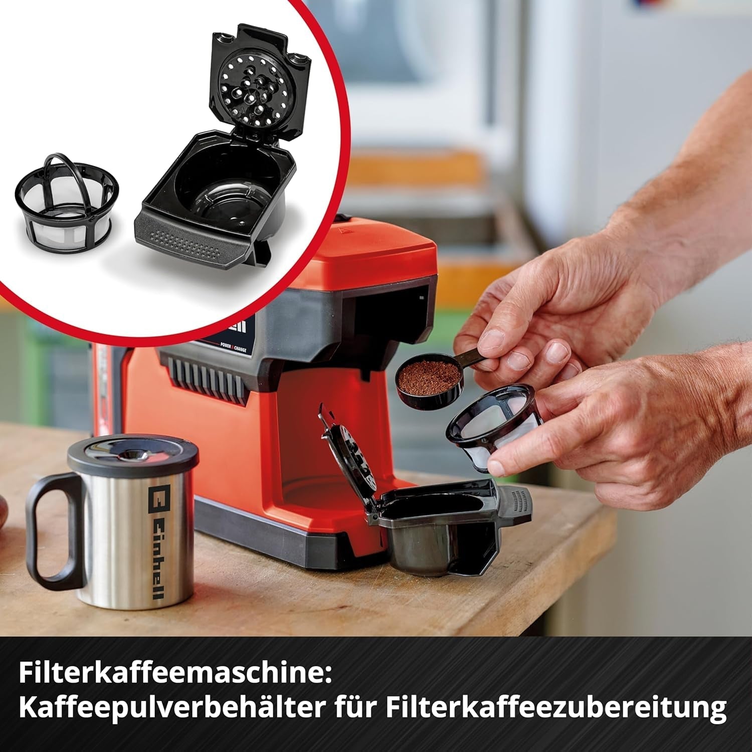 Trådløs espressomaskine Einhell TE-CF 18 Li-Solo Power X-Change (18 V, 240 ml vandtank, til filterkaffe og kaffekapsler, bærehåndtag, inkl. kaffekop med låg, uden batteri)