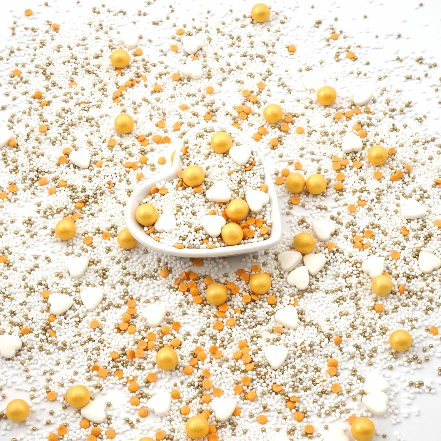 Streusel Glück, Drys med hvide hjerter og gyldne kugler, 40 gram Sprinkles Naty Shop
