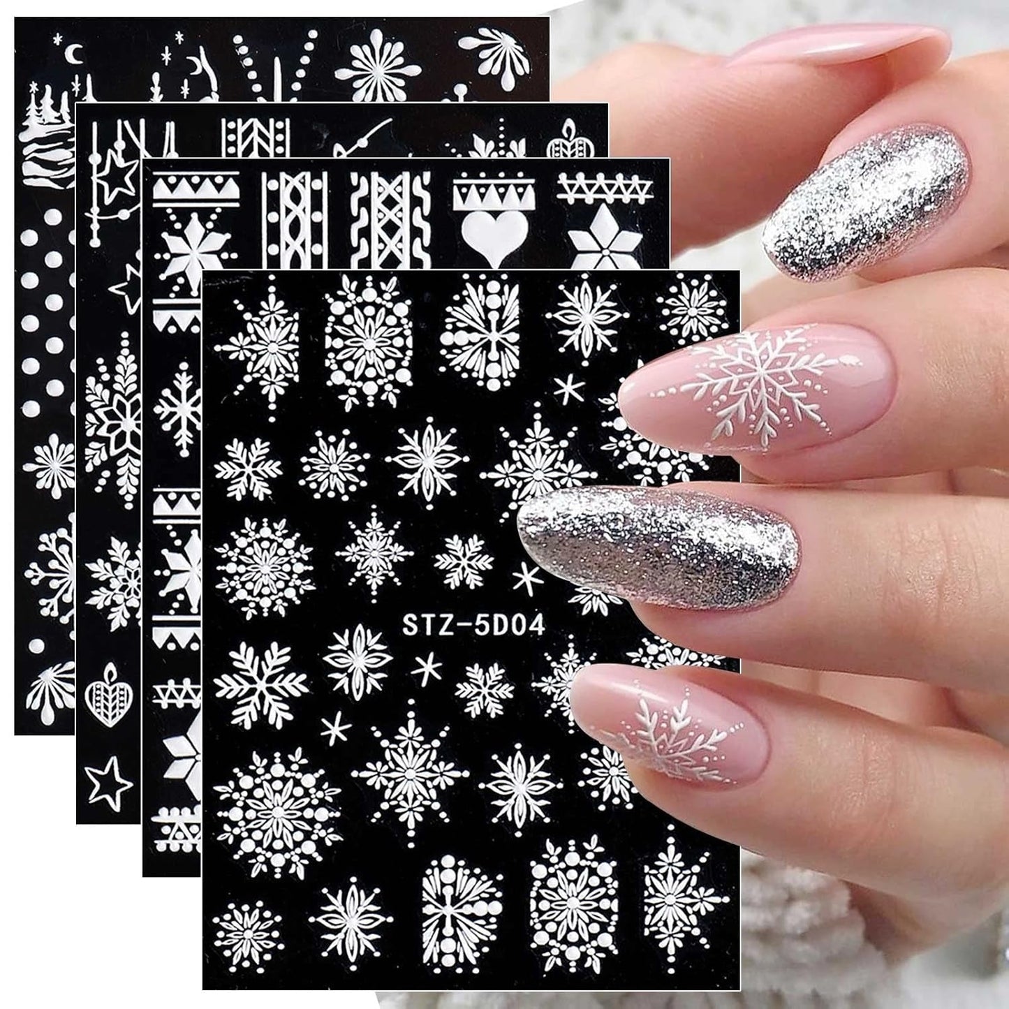 4 Blatt 3D Nagelsticker Weihnachten Nagelaufkleber Christmas 5D Stereoskopisk Selbstklebend Schneeflocke Schneemann Nail Art Sticker Dekoration Nageldesign Zubehör