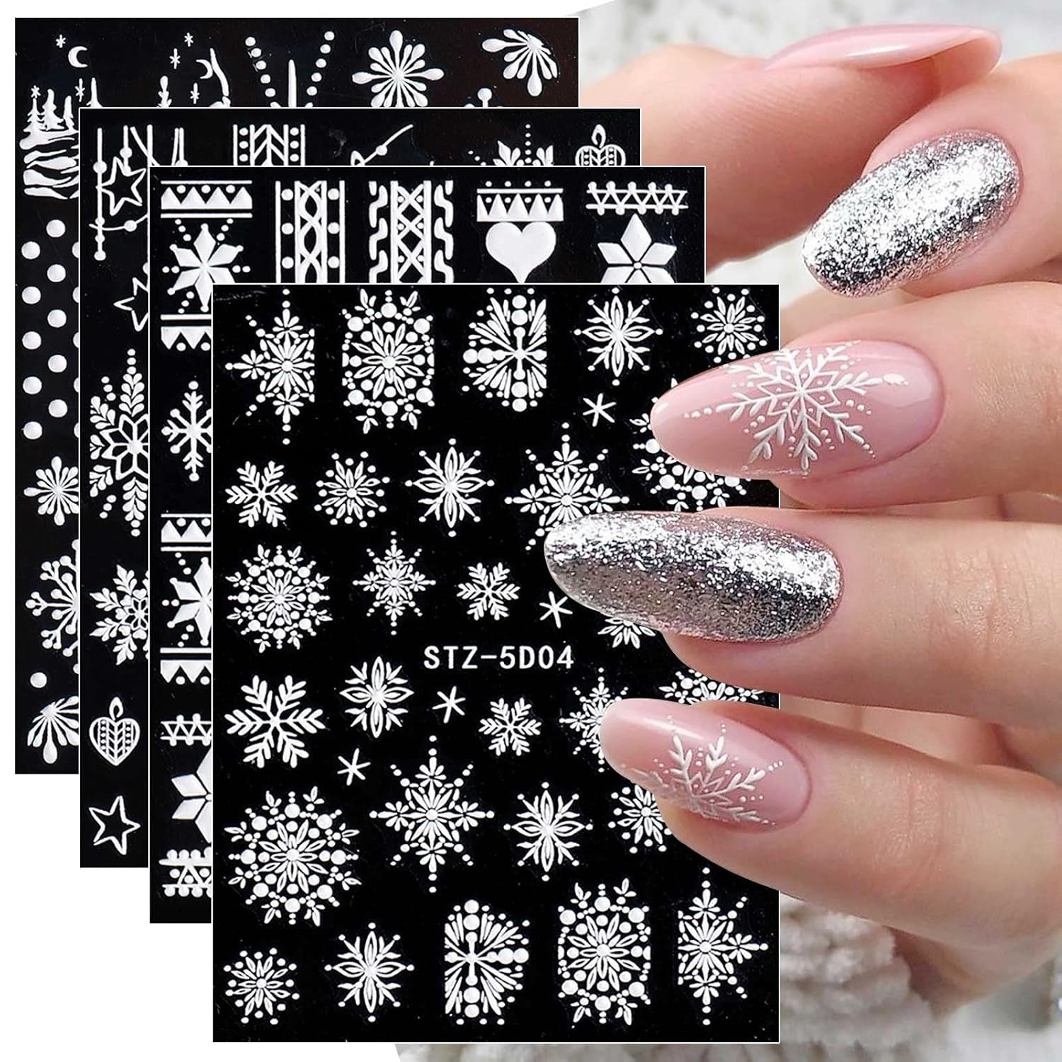 4 Blatt 3D Nagelsticker Weihnachten Nagelaufkleber Christmas 5D Stereoskopisk Selbstklebend Schneeflocke Schneemann Nail Art Sticker Dekoration Nageldesign Zubehör