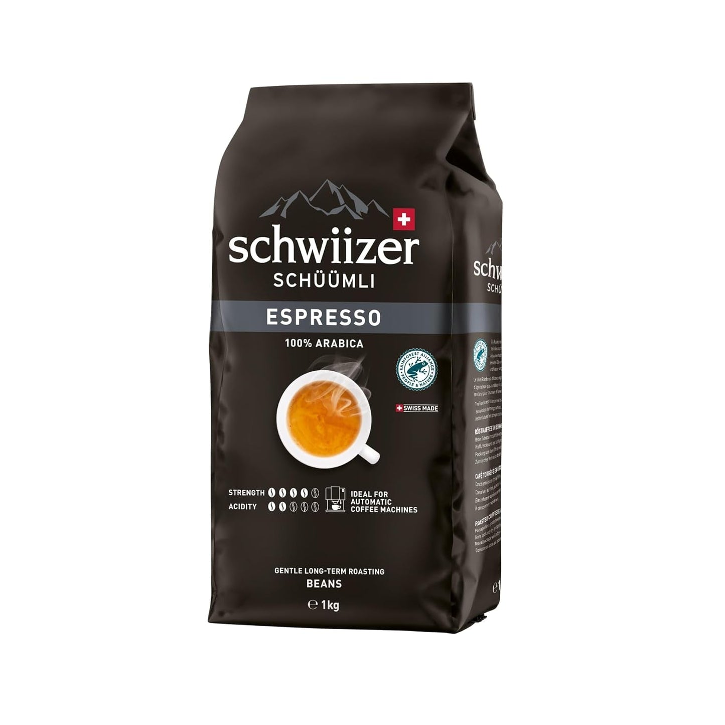Schwiizer Schüümli Espresso, 100% Arabica kaffebønner, stærke og intense, ideel til automatiske espressomaskiner, styrke 4/5, mellemristet, Rainforest Alliance, 1 kg