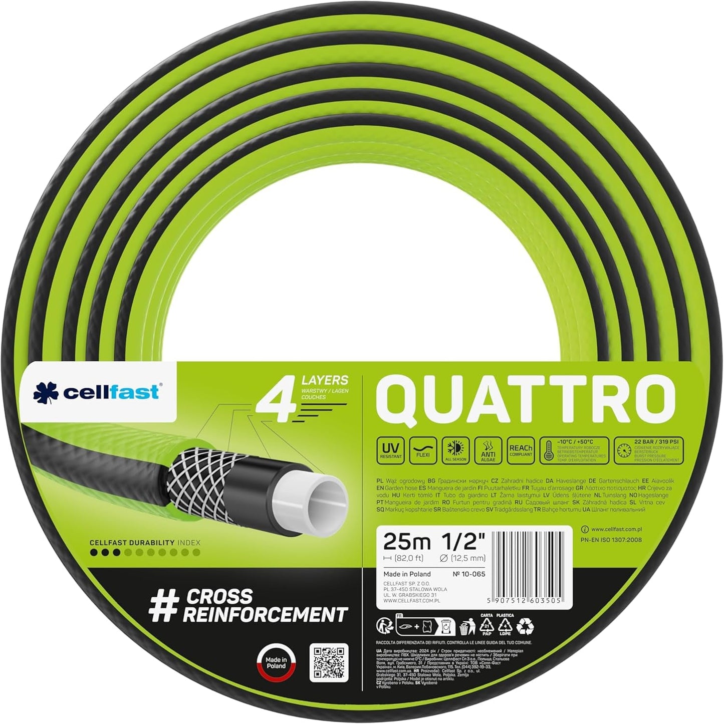 Cellfast QUATTRO Haveslange Holdbar Letvægts 4-lags UV-resistent trådslange Krydsfletning 20 Bar 3/4" 15m 10-074