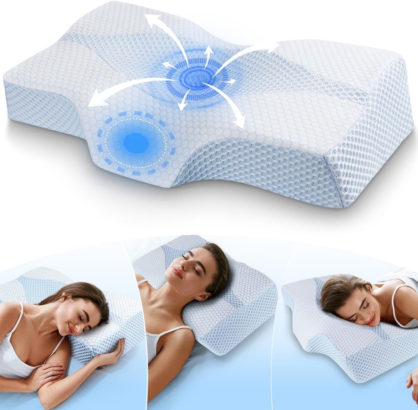 Memory Foam Nakkepude Ergonomisk ortopædisk pude til nakke- og skuldersmerter - Kølende sovepude til side-, ryg- og mavesove med nakkestøtte Cervikale ortopædiske puder Naty Shop 01-Blau(63.5Cm*40.6Cm*10.7/13.2Cm) Blau Weiss (63,5 cm*40,6 cm*10,7/13,2 cm)