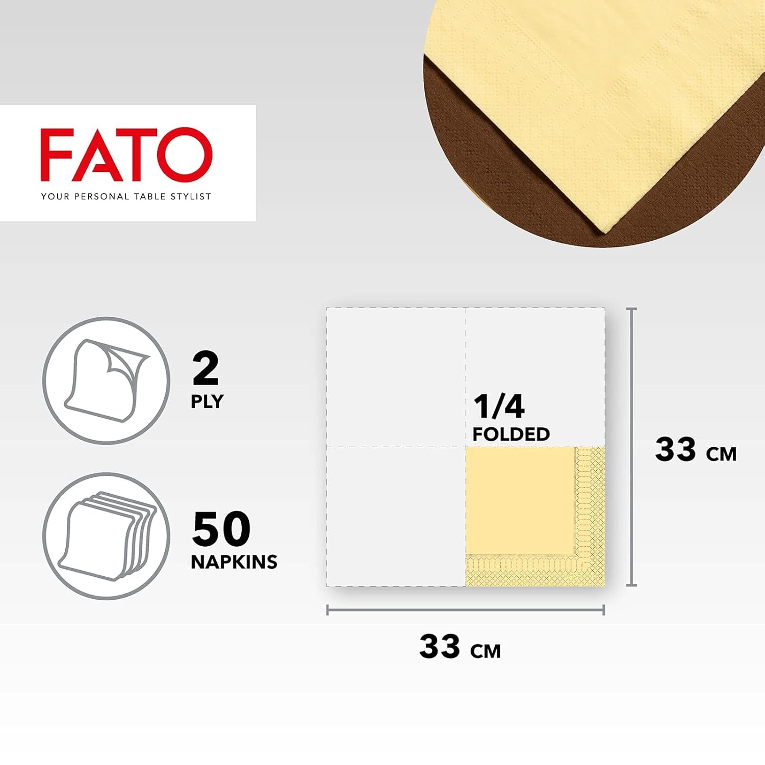 Fato - engangspapirservietter, ideelle til afslappede frokoster og buffeter, pakke med 50 servietter, størrelse 33X33, 4-fold, 2-lags, champagnefarve, 100 % rent cellulosepapir, FSC