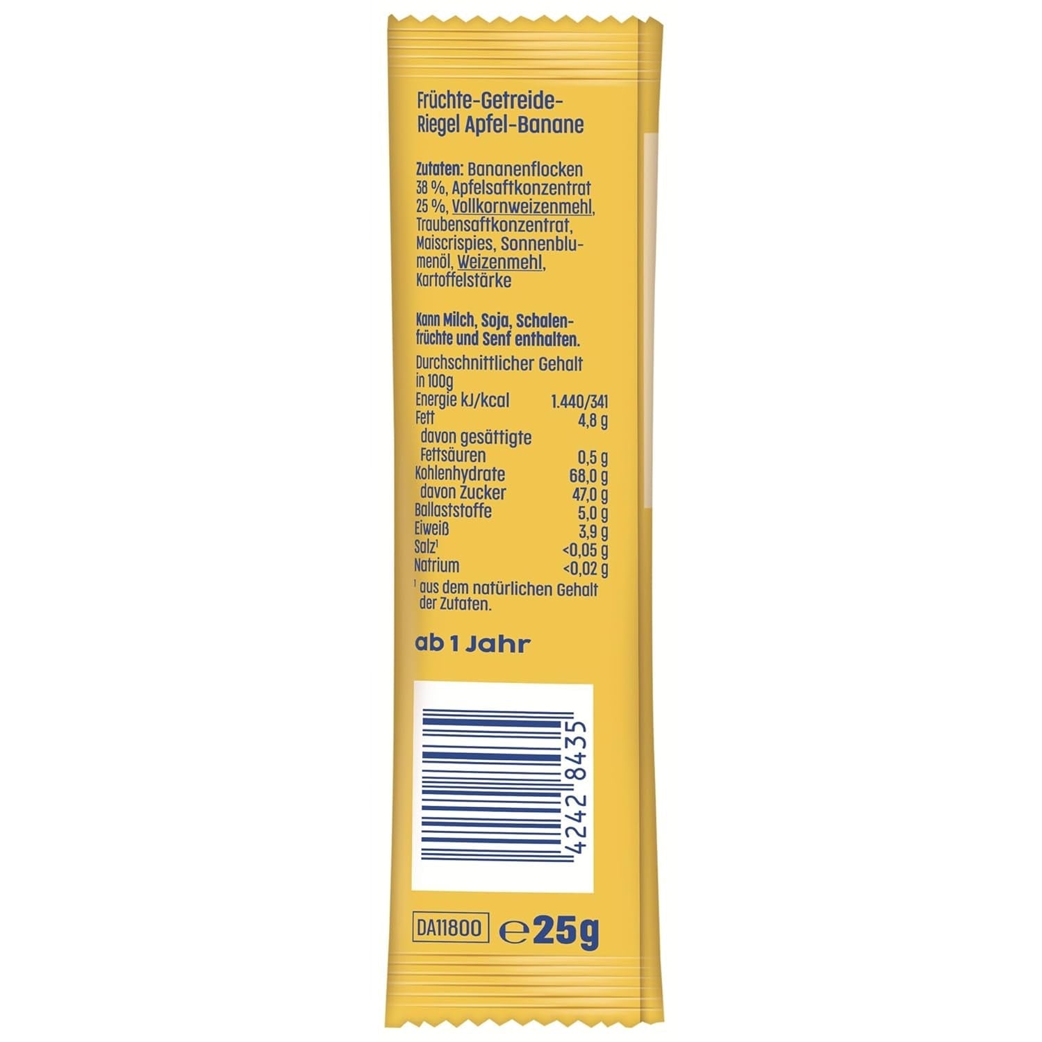 Æble- og bananbarer (20 x 25 g), kun sødet med frugt, perfekt snack mellem måltiderne, tilberedt af strengt kontrollerede og udvalgte ingredienser.