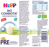 HiPP PRE Organic Combiotic Formula Klar til at drikke (6 x 200 ml) Spædbørnsmælk fra fødslen indeholder kun laktose som kulhydrat Bedste økologiske