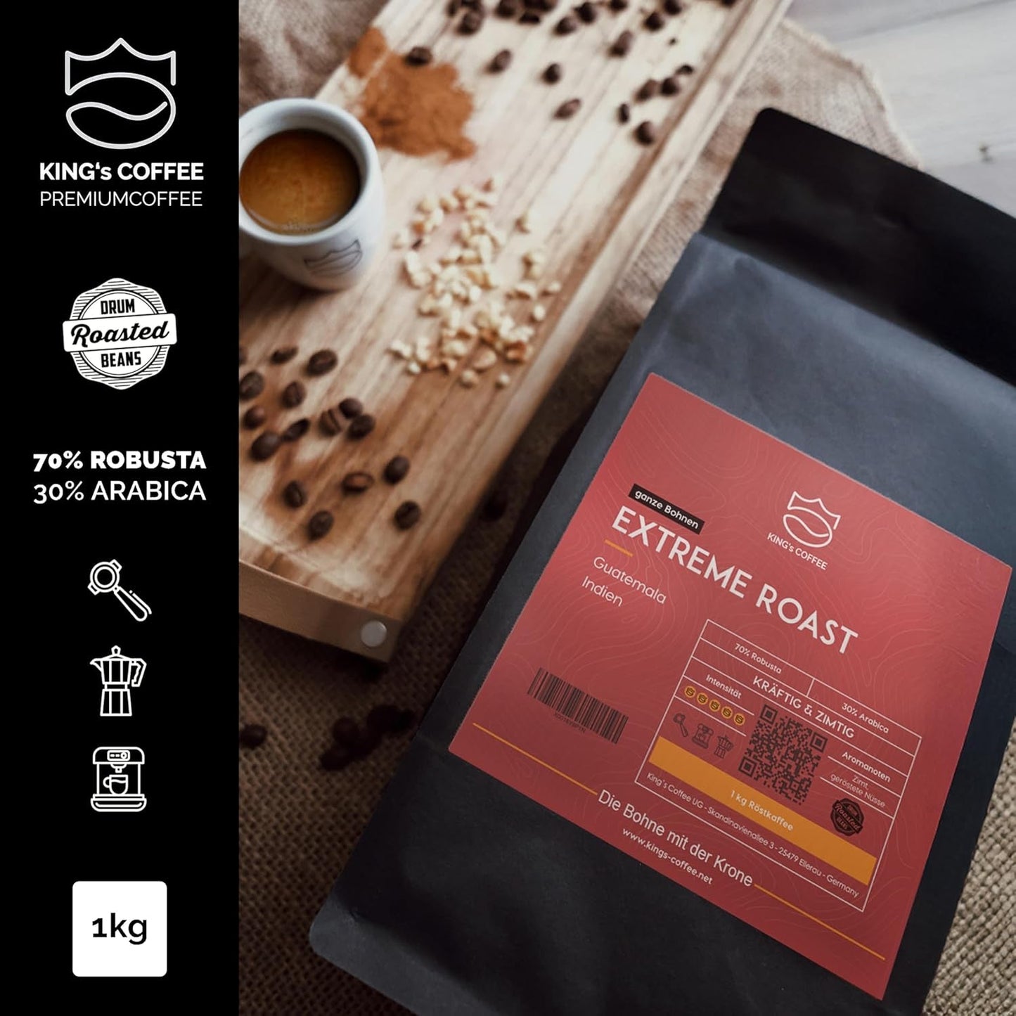 KING'S COFFEE - EKSTREM RISTE - Espresso Intenso bønner - meget lav surhedsgrad - lille batch ristning fra Italien - kaffebønner til fuldautomatiske maskiner og portafilter maskiner - 1 kg