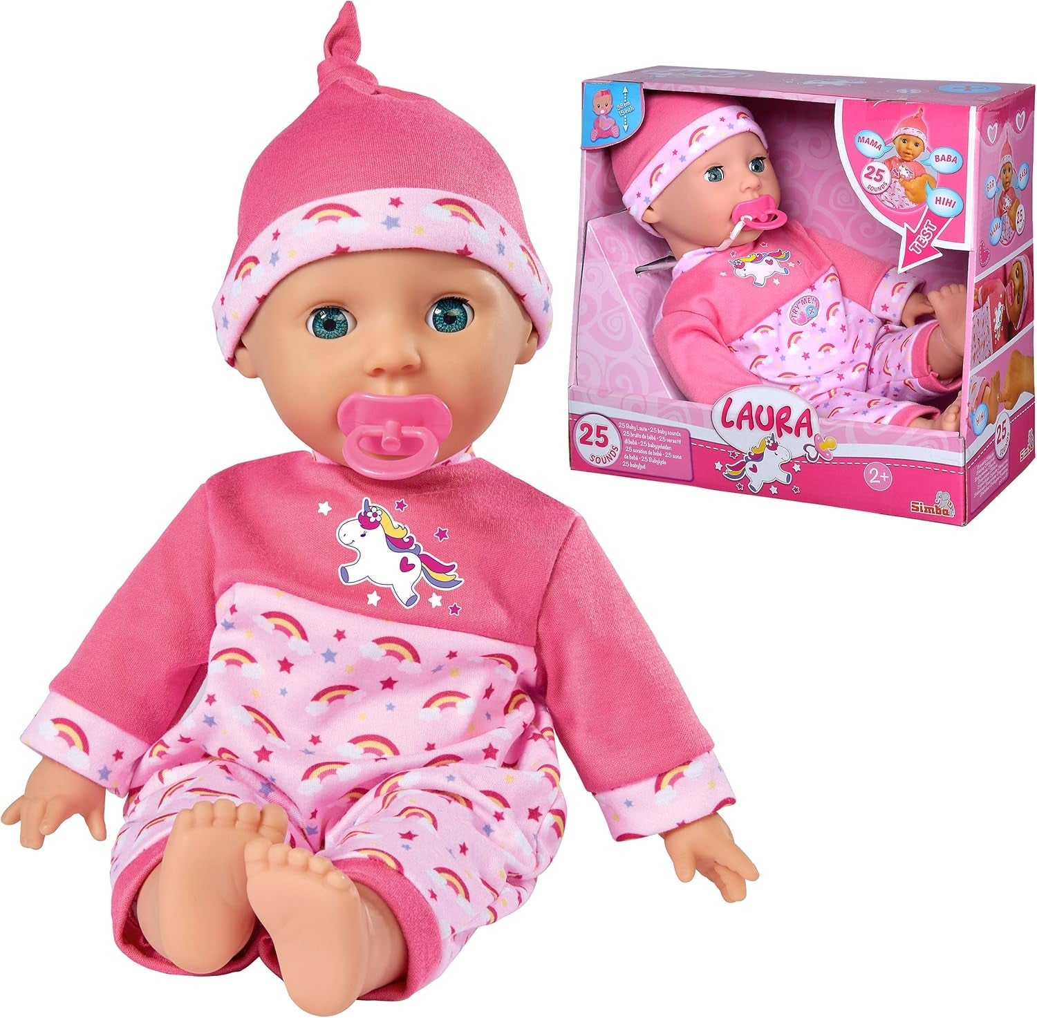 Simba 105140060 - Laura Tickle baby blød kropsdukke med regnbuemadras, laver 25 babylyde, 38 cm, dukke fra 2 år og opefter