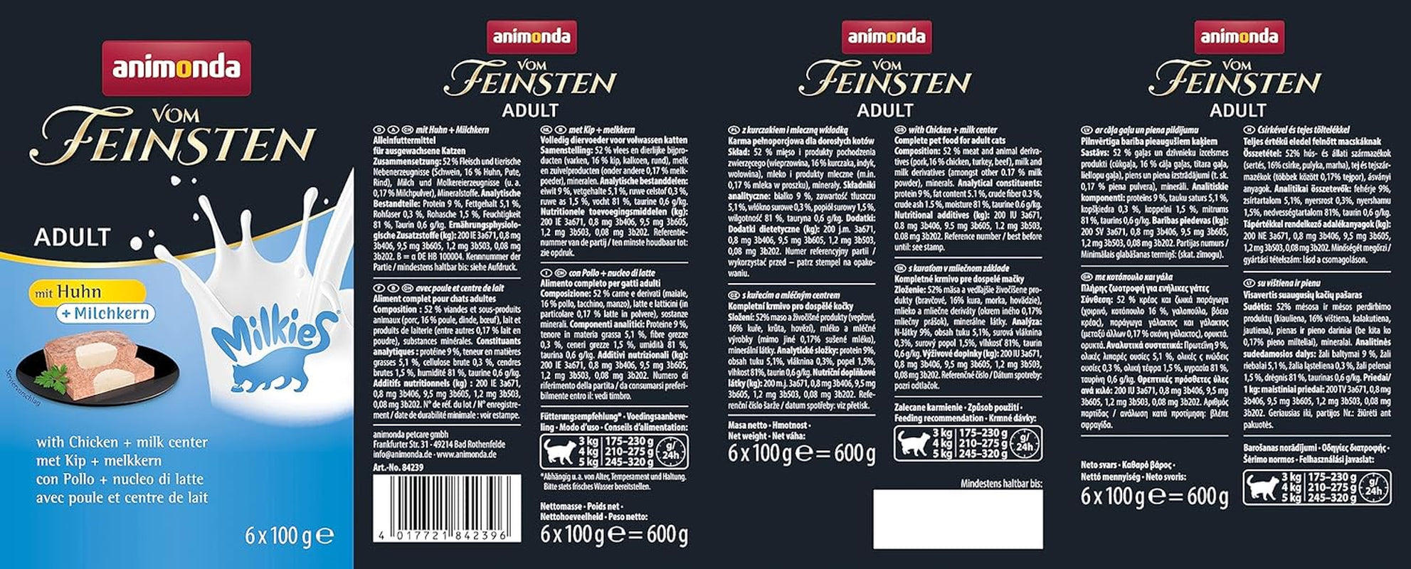 animonda Vom Feinsten Voksen kattefoder, Nassfutter für ausgewachsene Katzen, med kylling + mælkekerne, 6 x 100 g