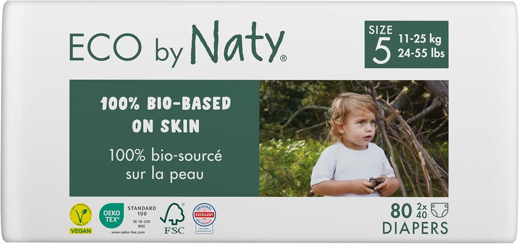 Eco Diapers Eco fra Naty Baby Eco Diapers - premium økologiske bleer, miljøvenlige, lavet af plantebaserede materialer, ideel til følsom babyhud (størrelse 5 - 80 stk.)