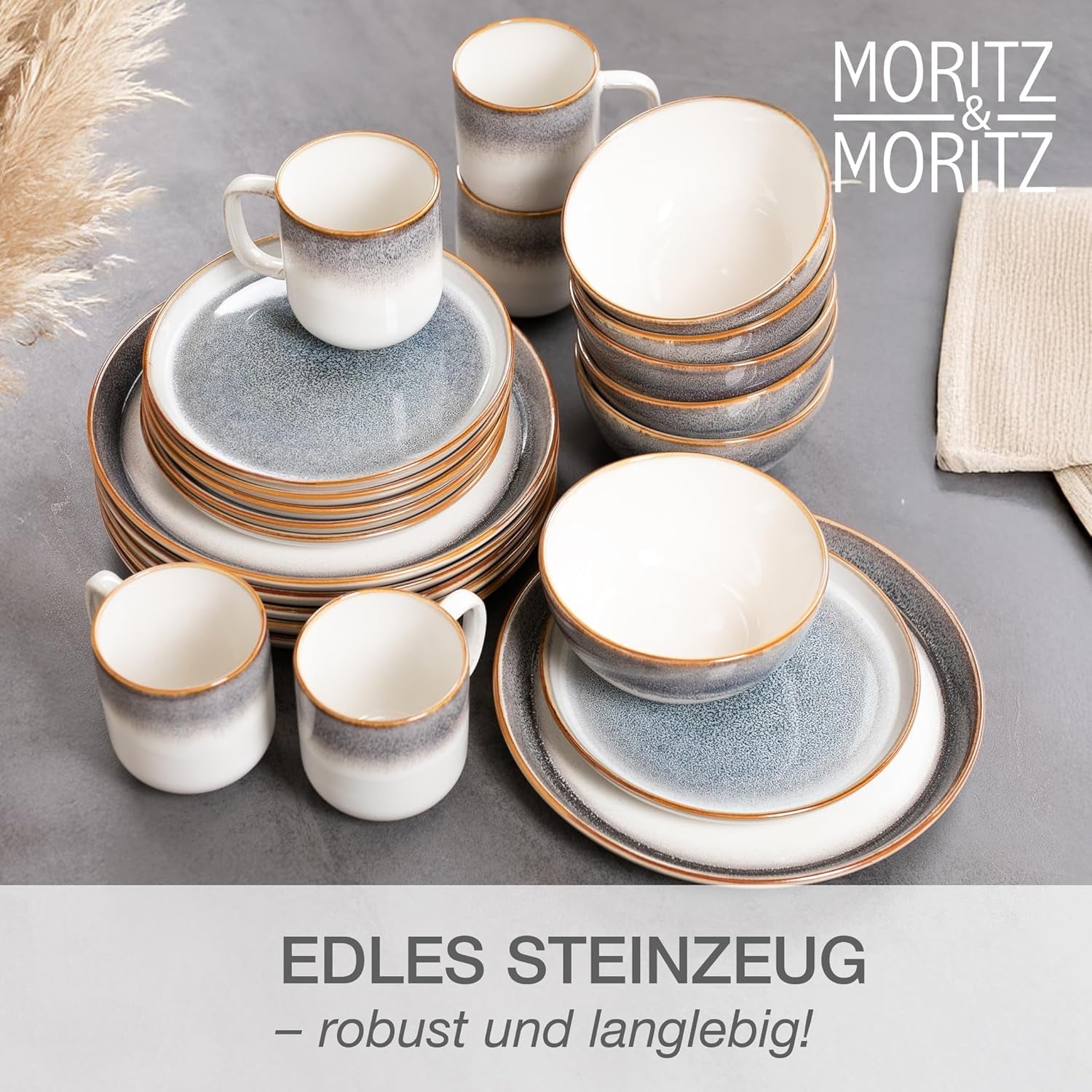 Moritz & Moritz TARENTO 24-delt servisesæt til 6, grå - Elegant højkvalitetstallerkensæt i stentøj - Spisestellet indeholder 6 middagstallerkener, 6 desserttallerkener, 6 middagstallerkener og 6 kopper