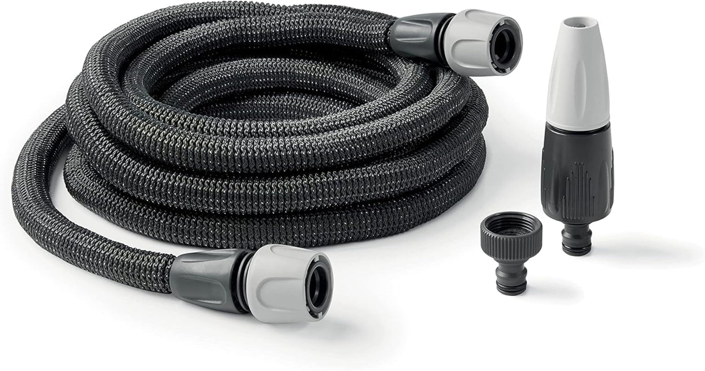 GF SRL, Aquapop Grey Easy 10, 10 meter selvforlængende flettet slange, fremstillet i Italien, med mini havesprøjte og stik til havevanding, mørkegrå