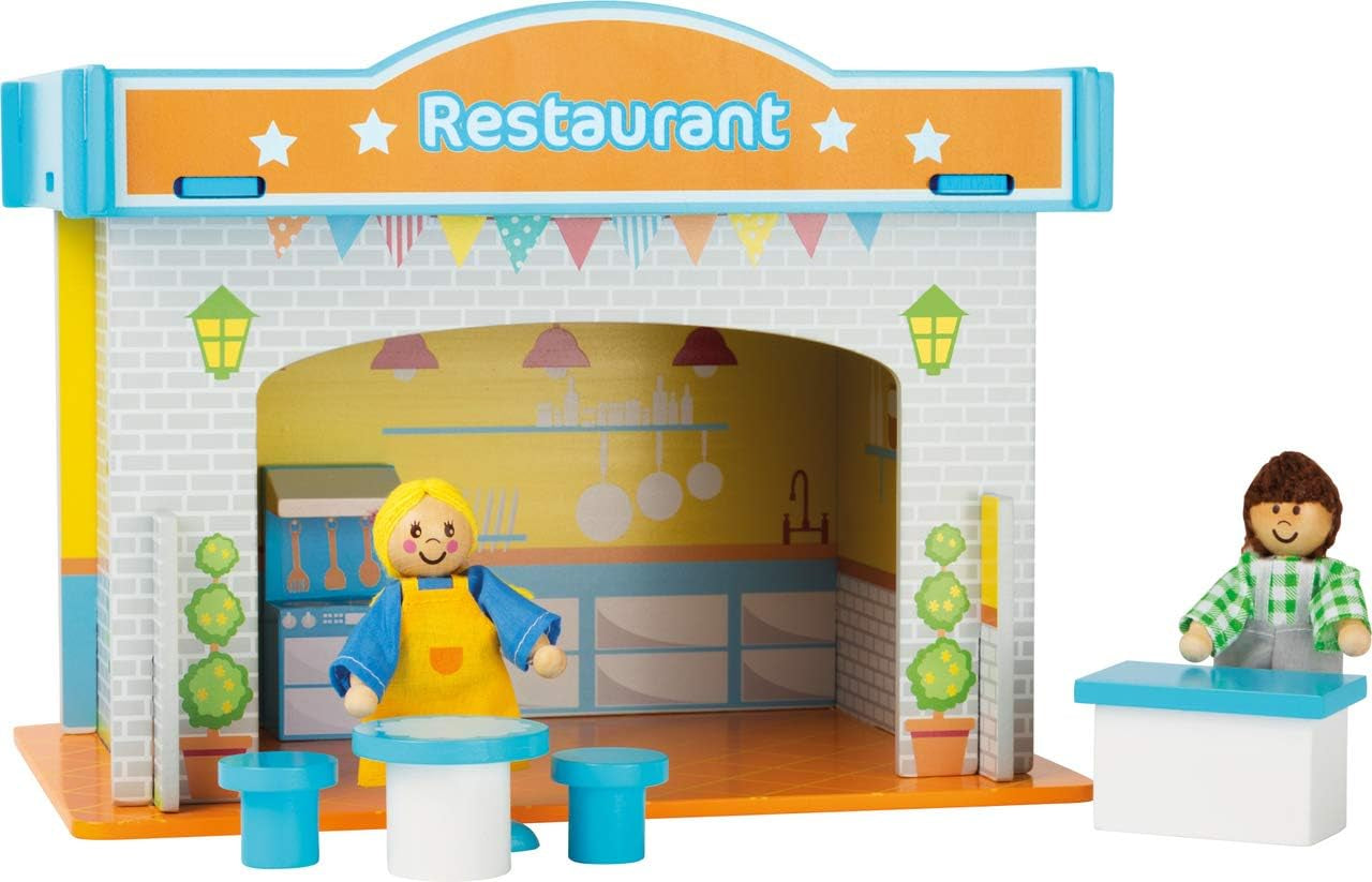 Small Foot 10852 Legehus Restaurant Lavet af træ, Med 2 dukkefigurer, tilbehør og aftageligt tag, Fra 3 år Naty Shop Dukkehuse